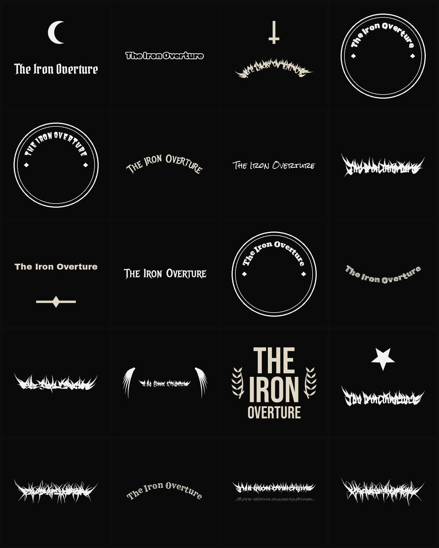 Twenty The Iron Overture band logo ideas — different faces, treatments and spike settings