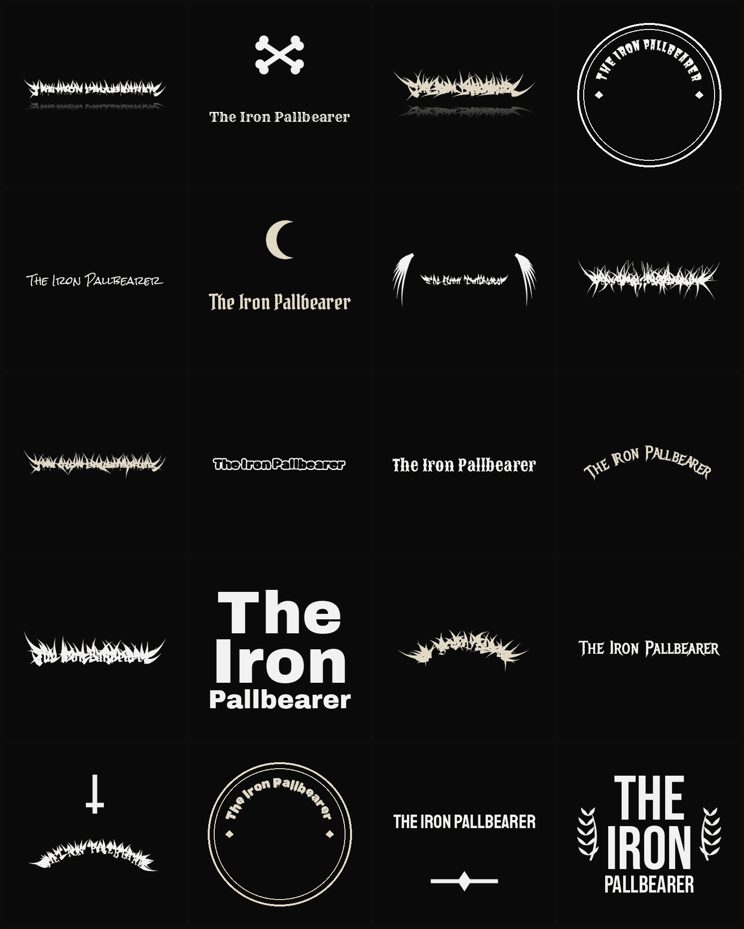 Twenty The Iron Pallbearer band logo ideas — different faces, treatments and spike settings