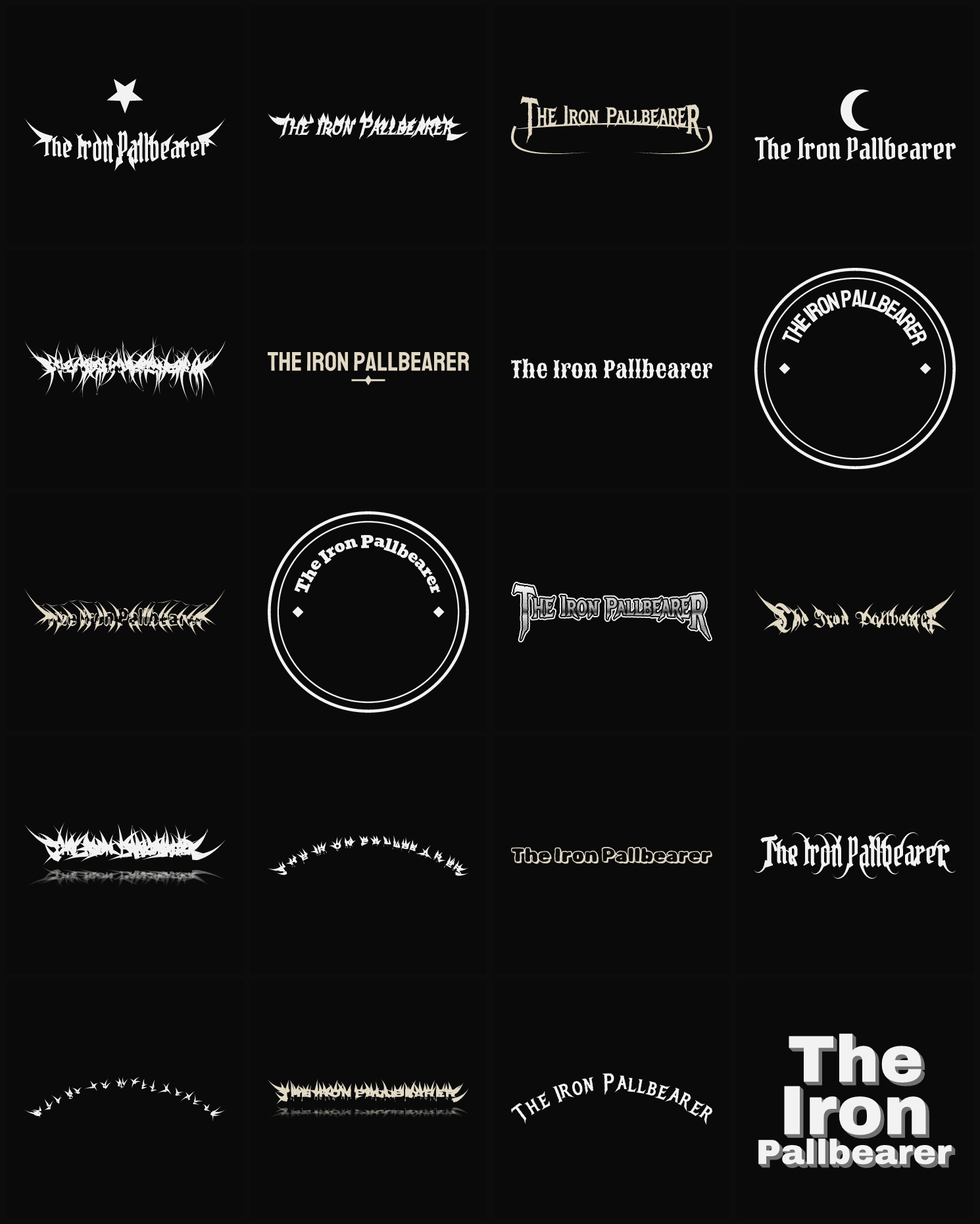 Twenty The Iron Pallbearer band logo ideas — different faces, treatments and spike settings