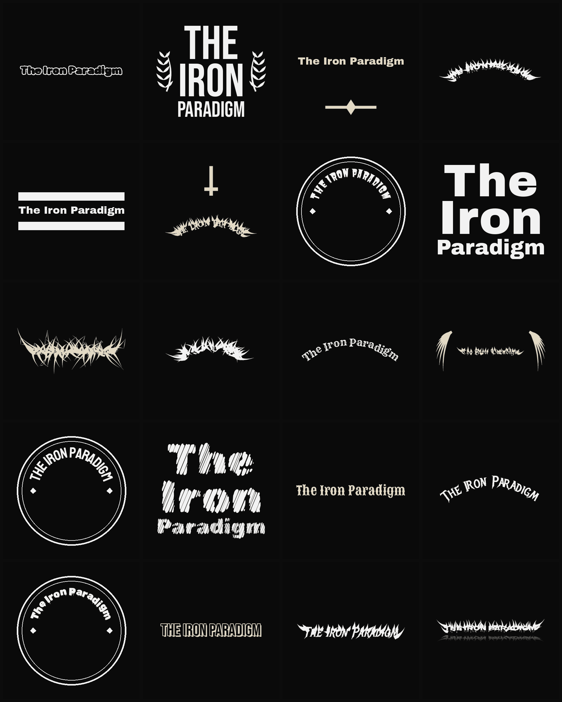 Twenty The Iron Paradigm band logo ideas — different faces, treatments and spike settings