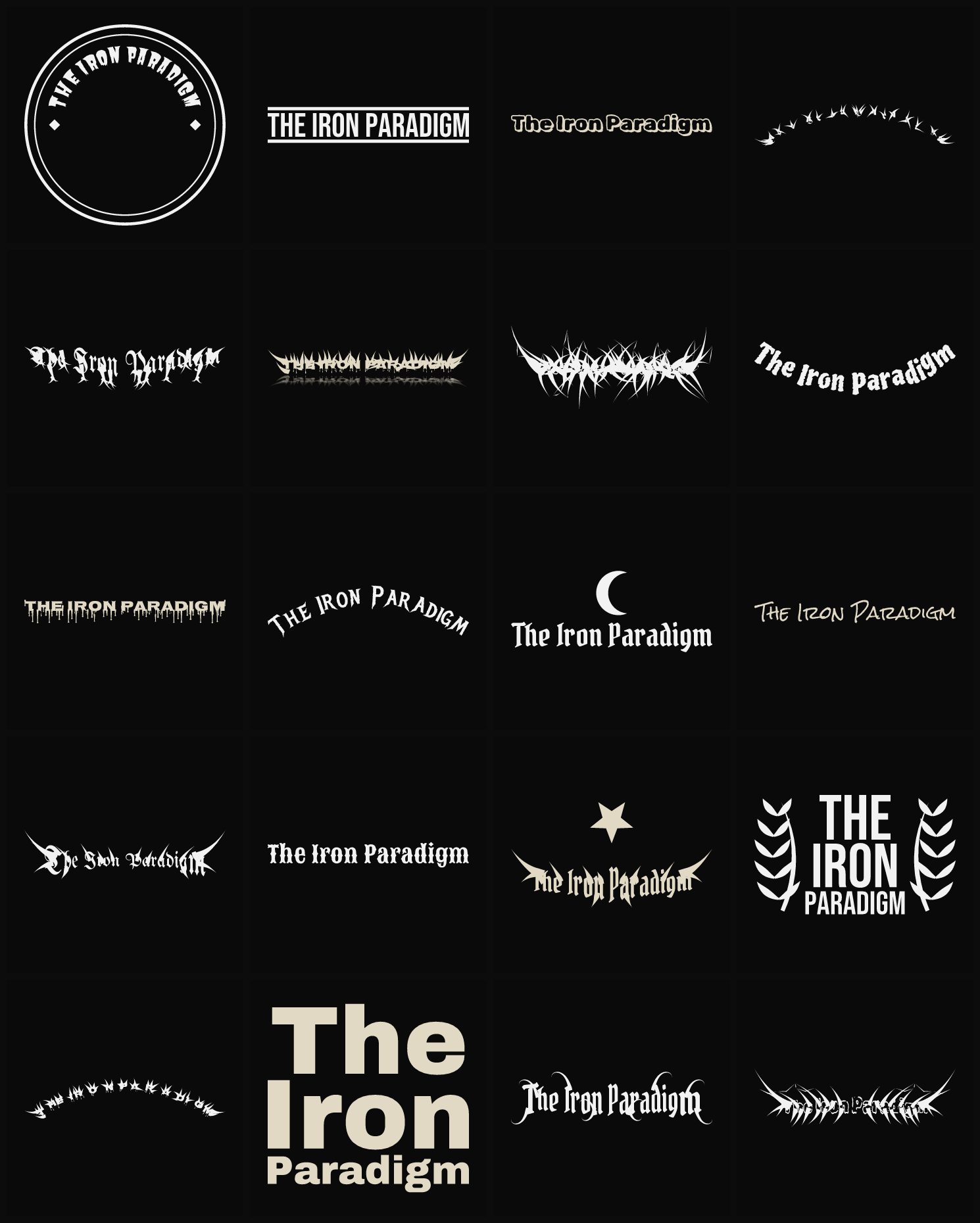 Twenty The Iron Paradigm band logo ideas — different faces, treatments and spike settings