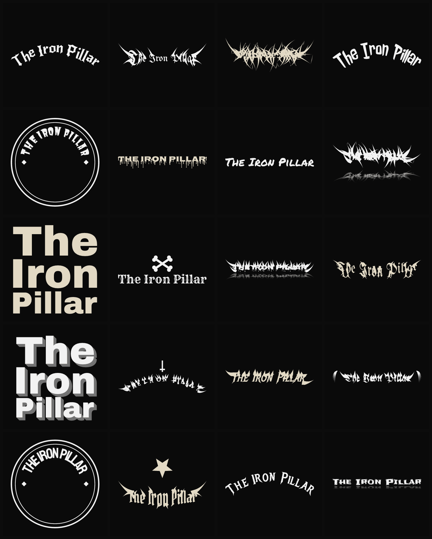 Twenty The Iron Pillar band logo ideas — different faces, treatments and spike settings