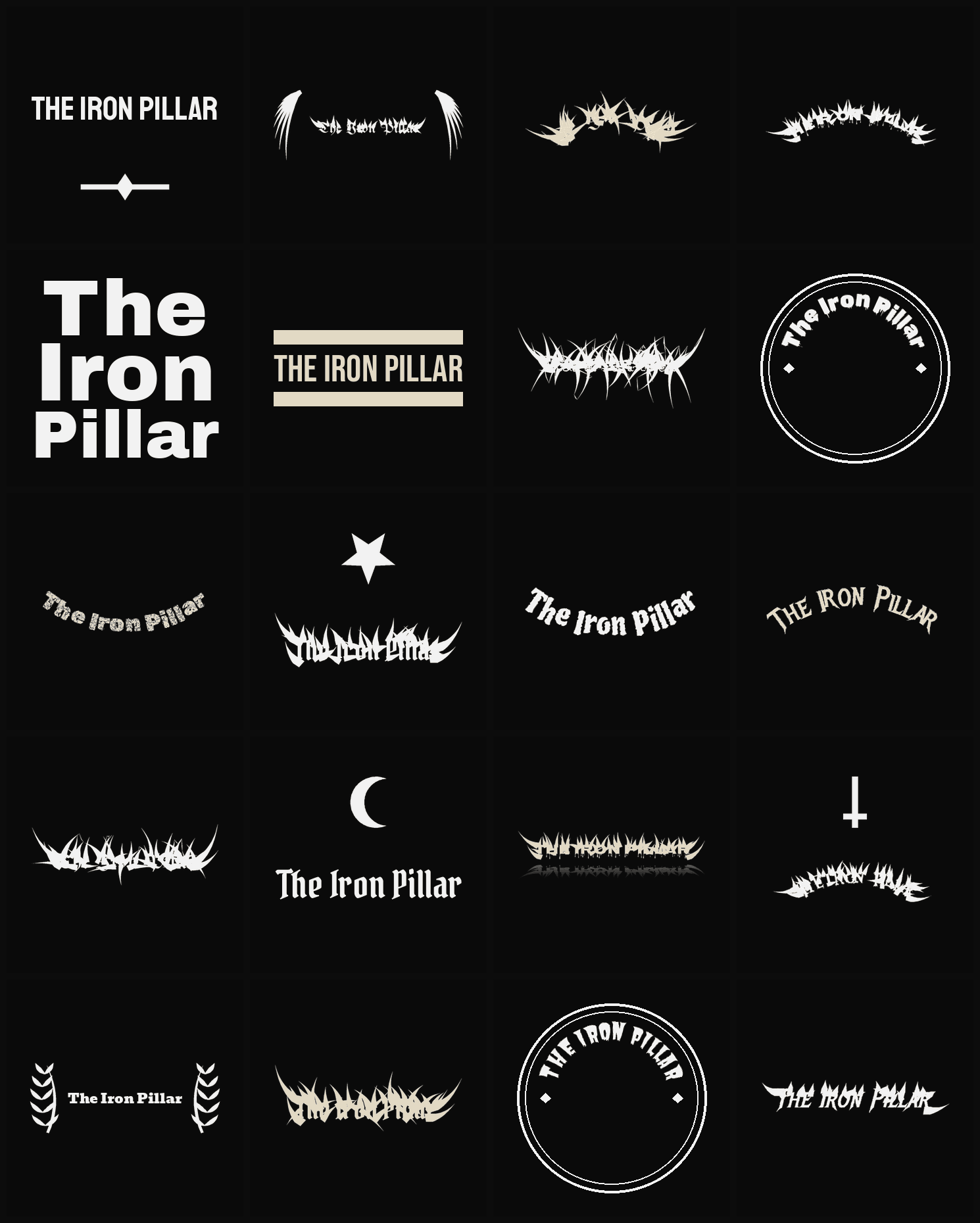 Twenty The Iron Pillar band logo ideas — different faces, treatments and spike settings