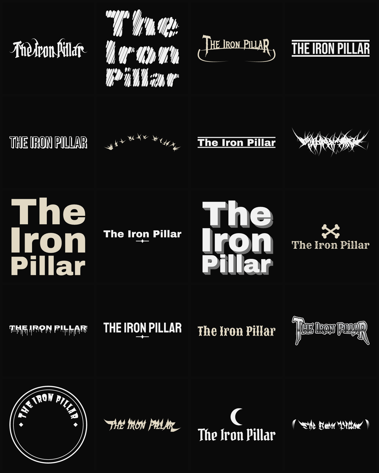 Twenty The Iron Pillar band logo ideas — different faces, treatments and spike settings