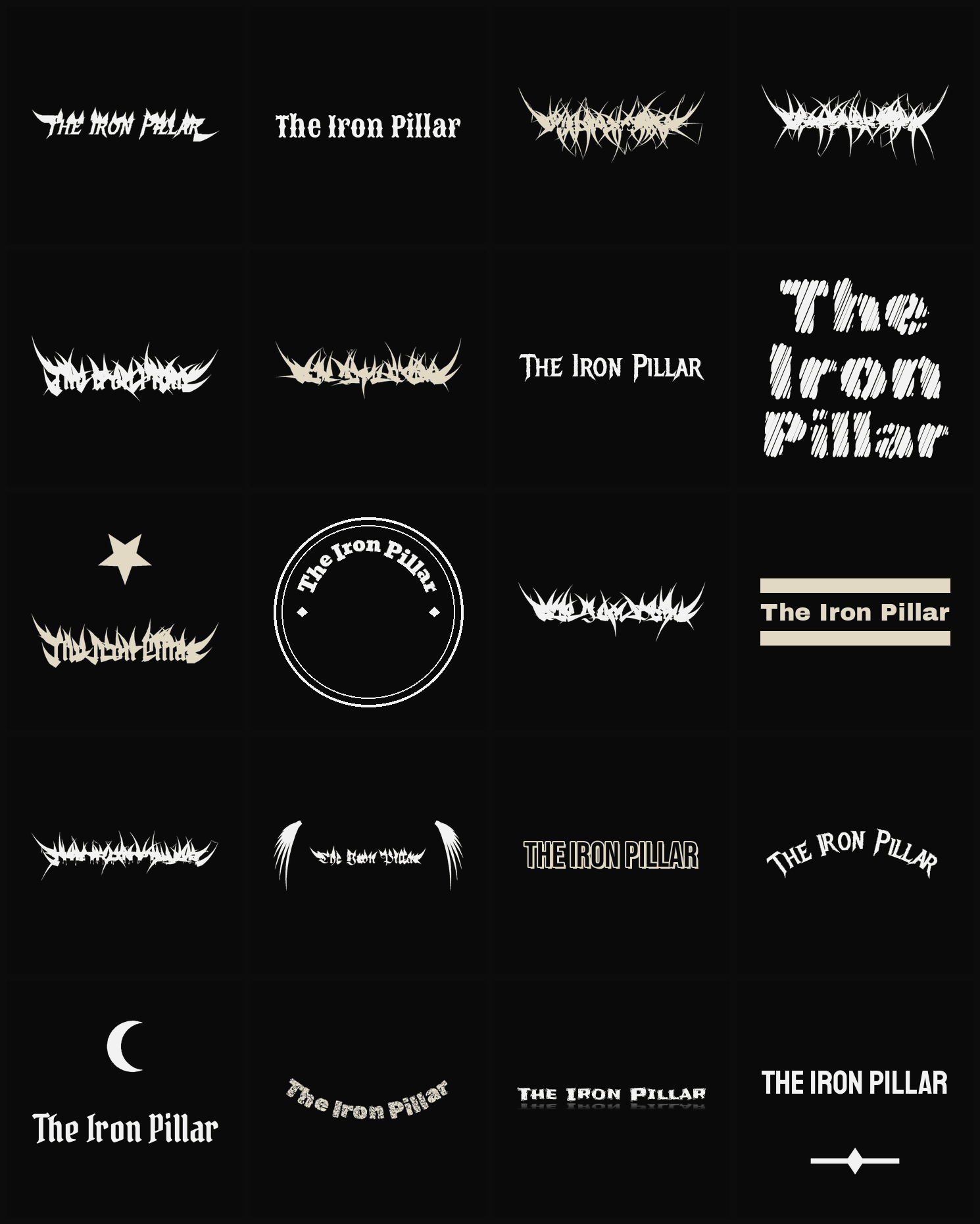 Twenty The Iron Pillar band logo ideas — different faces, treatments and spike settings