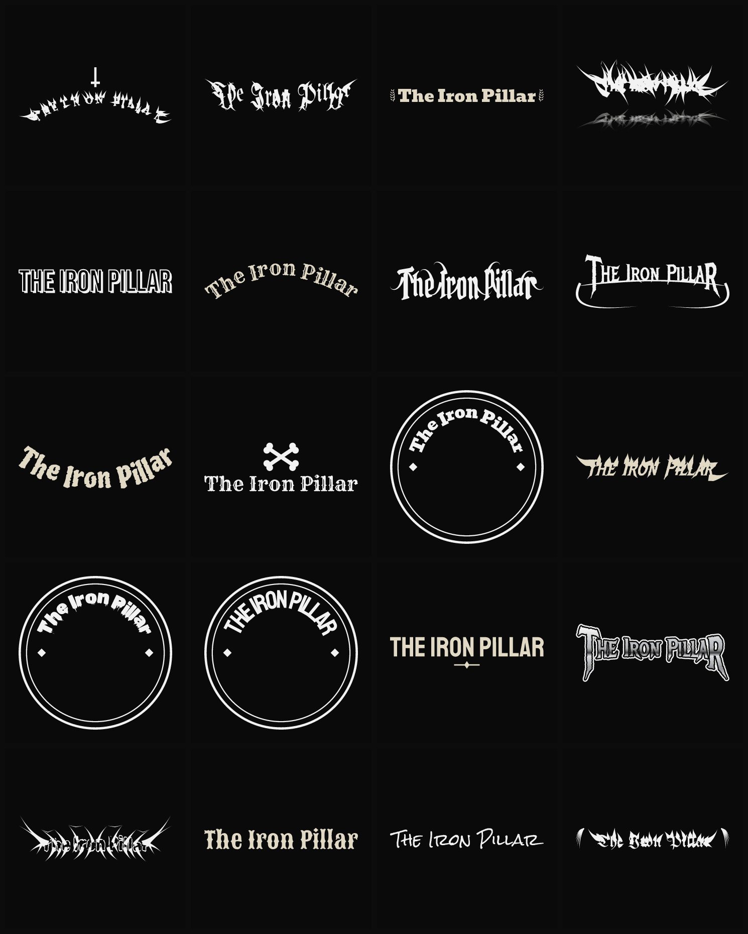 Twenty The Iron Pillar band logo ideas — different faces, treatments and spike settings