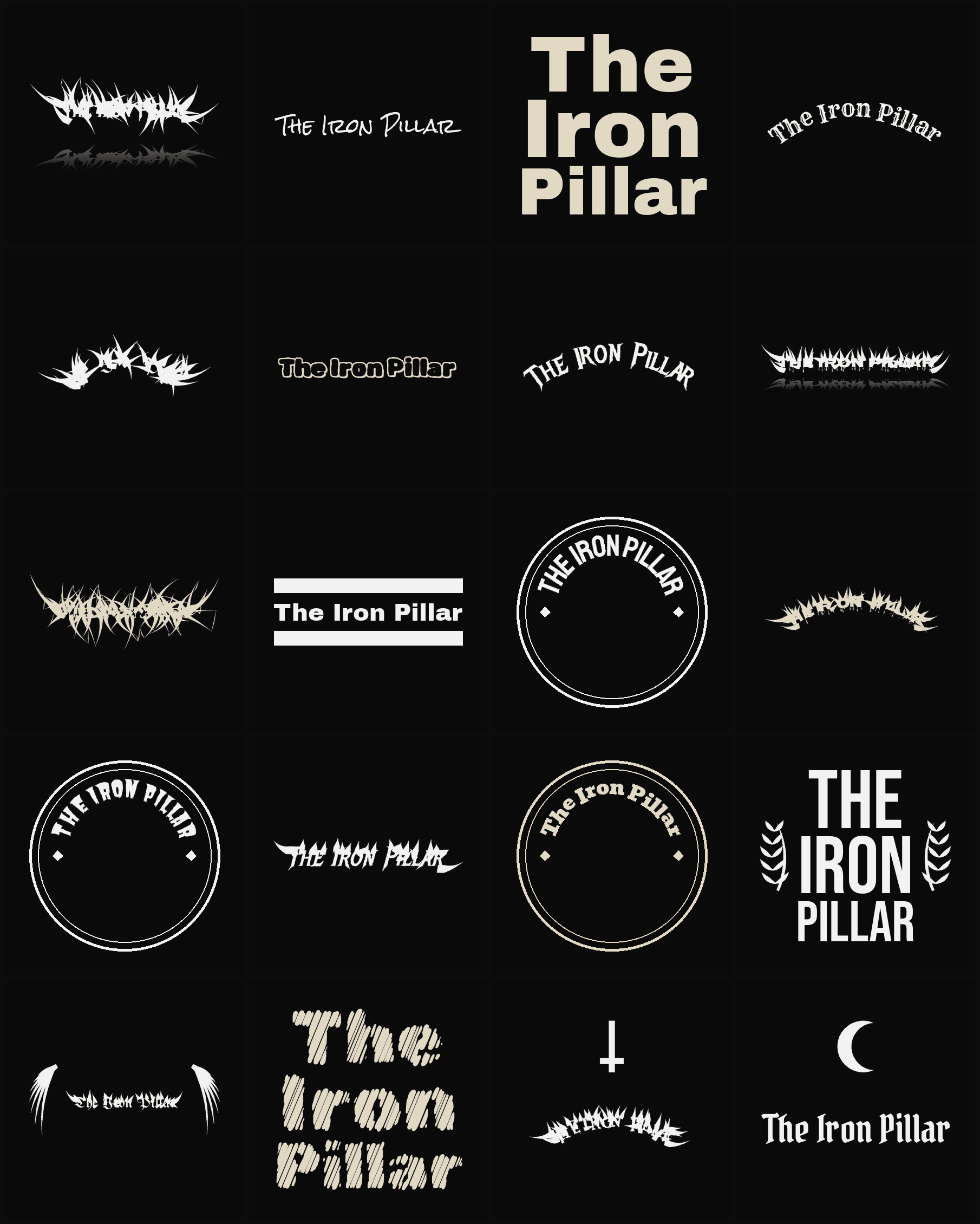 Twenty The Iron Pillar band logo ideas — different faces, treatments and spike settings