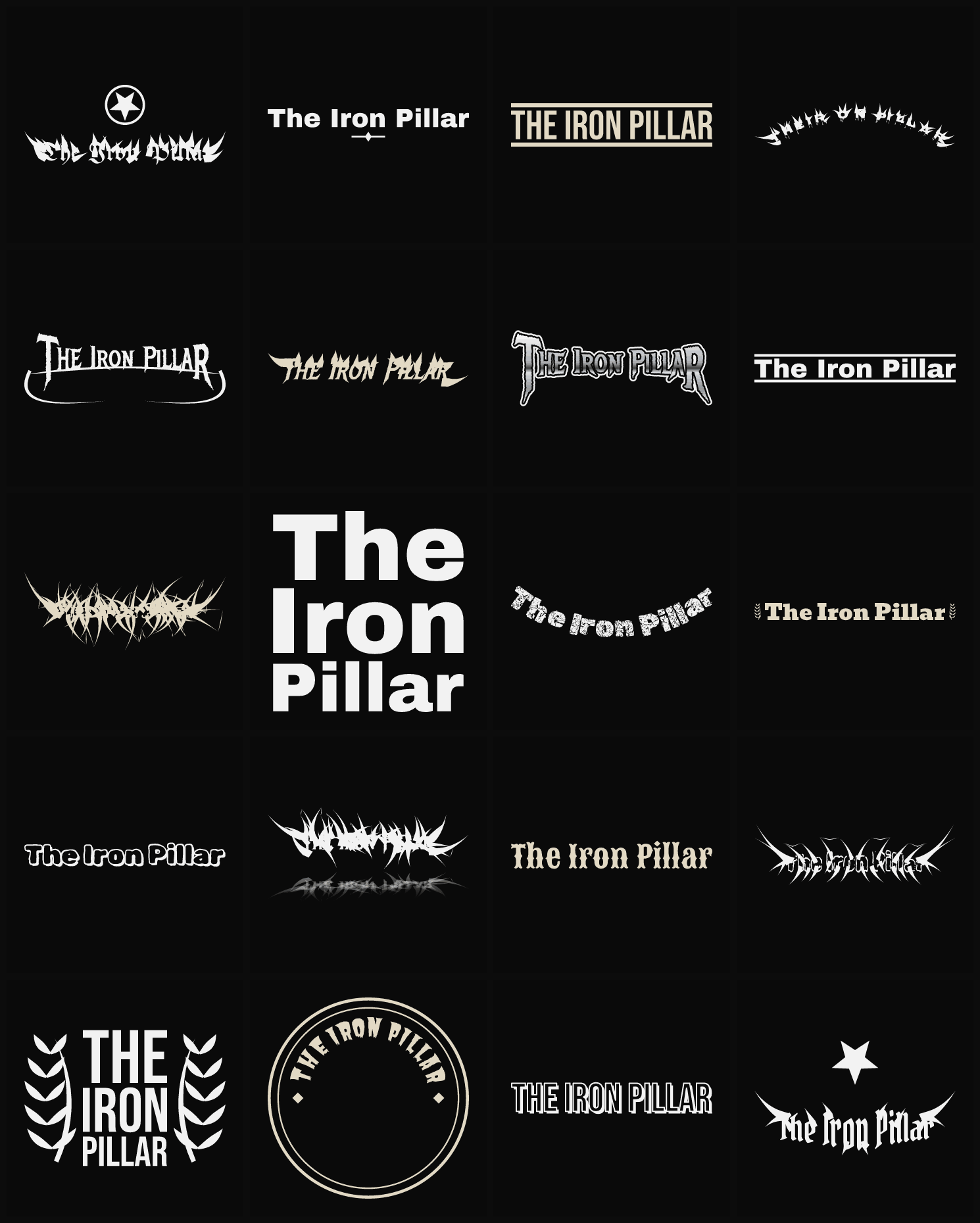Twenty The Iron Pillar band logo ideas — different faces, treatments and spike settings