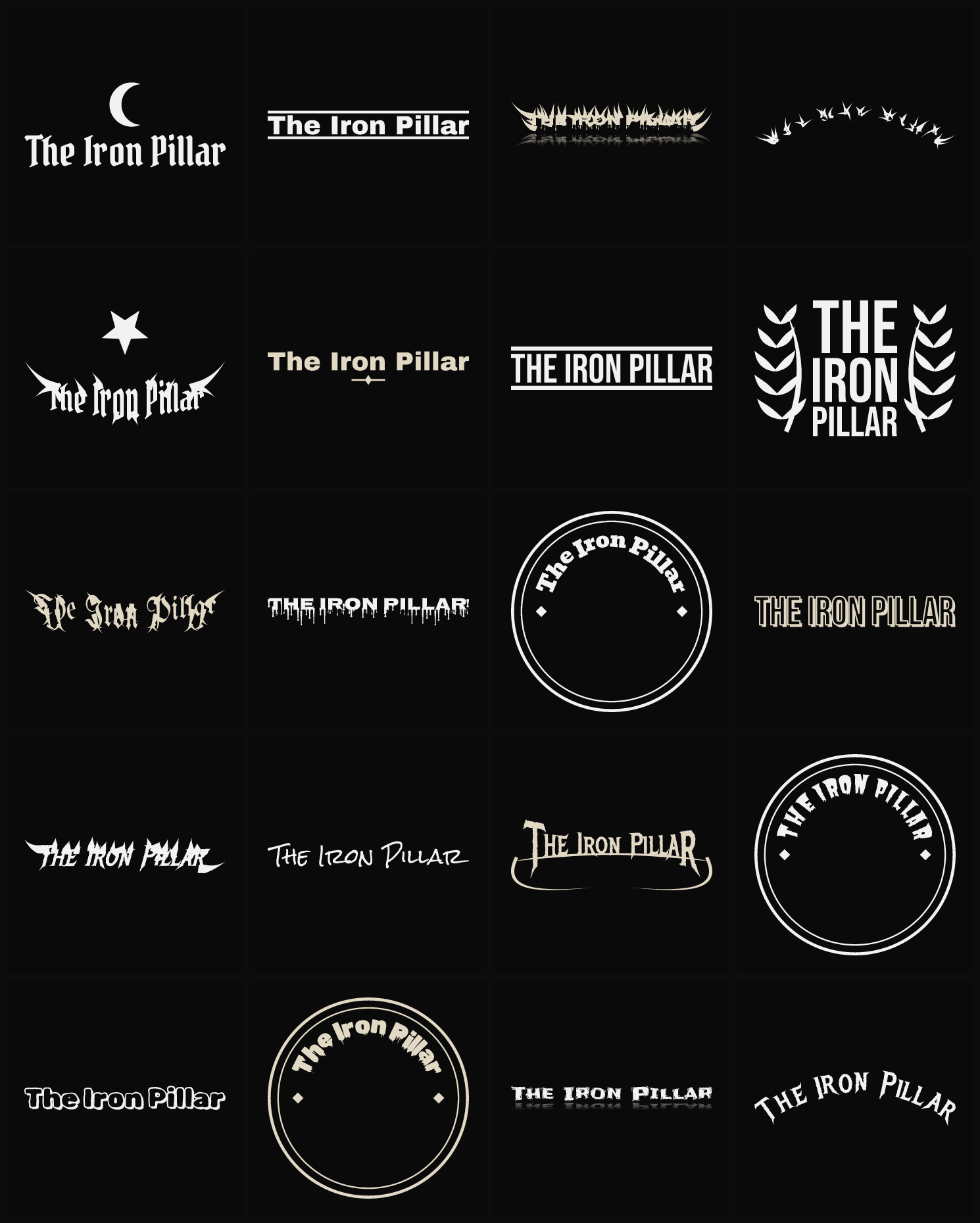 Twenty The Iron Pillar band logo ideas — different faces, treatments and spike settings