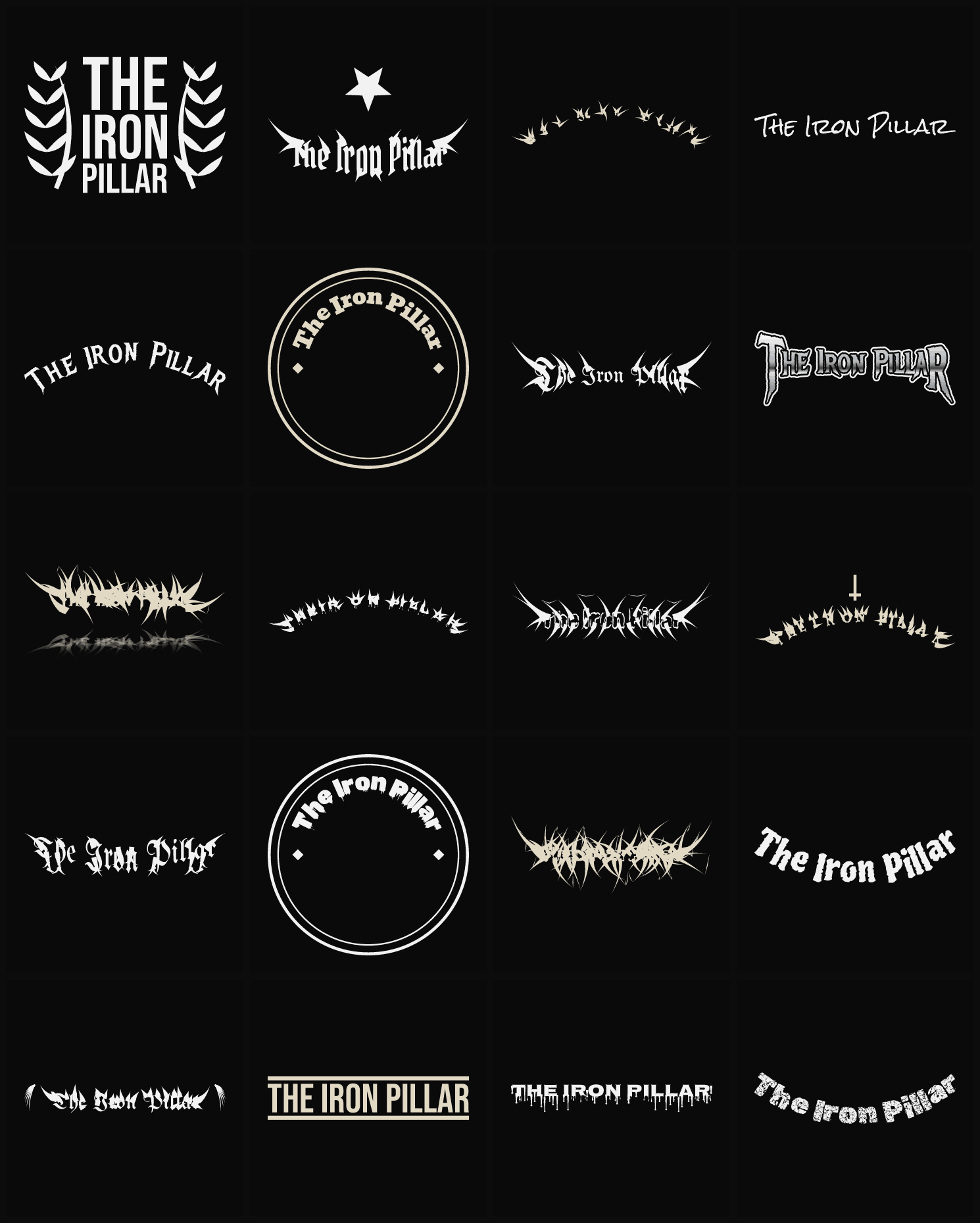 Twenty The Iron Pillar band logo ideas — different faces, treatments and spike settings