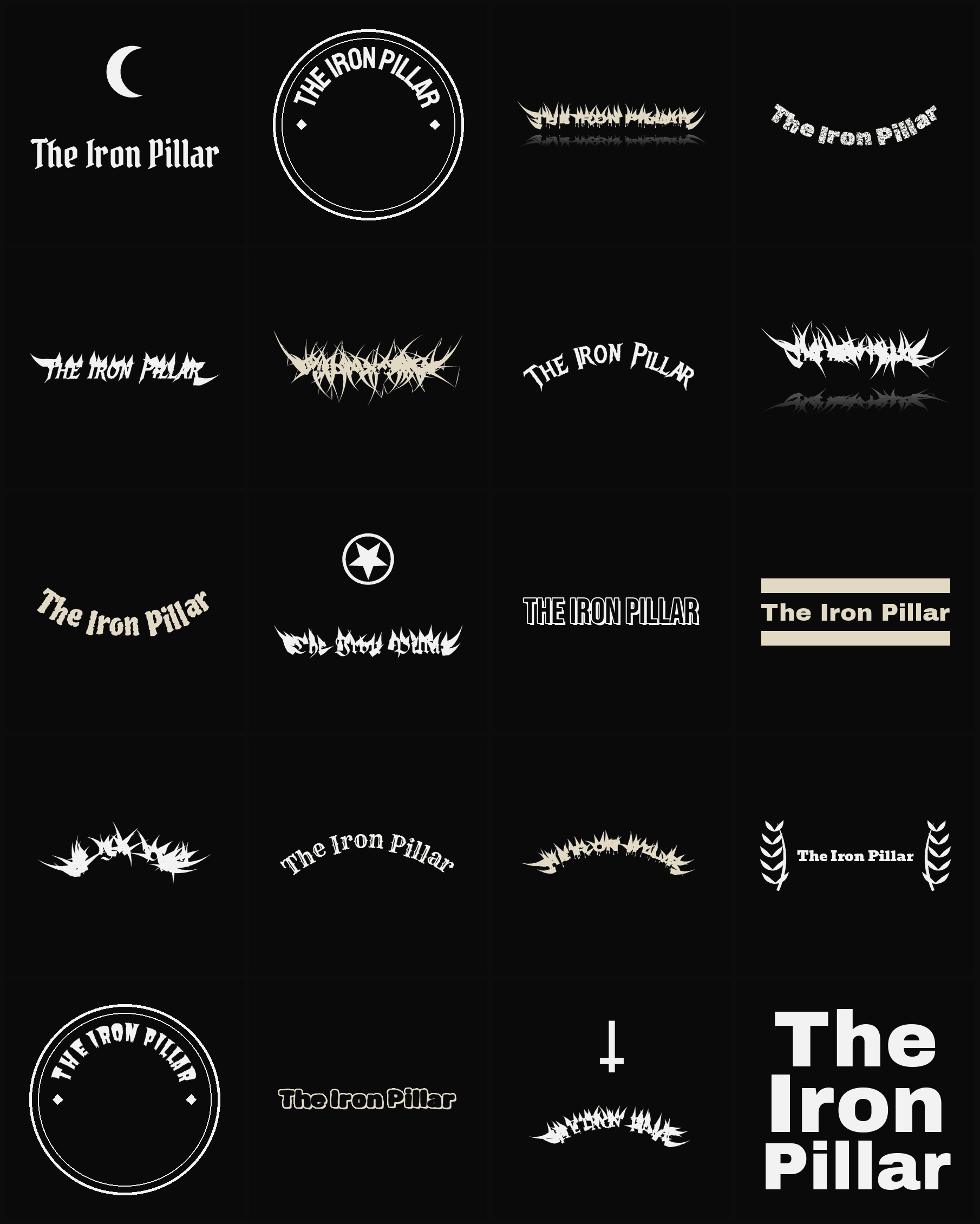 Twenty The Iron Pillar band logo ideas — different faces, treatments and spike settings