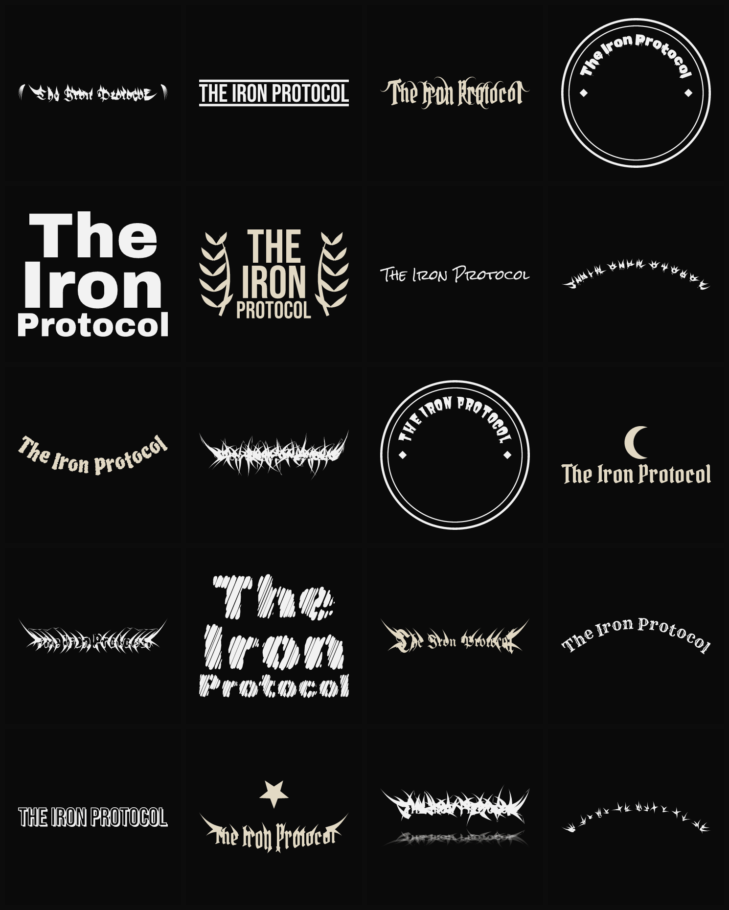 Twenty The Iron Protocol band logo ideas — different faces, treatments and spike settings