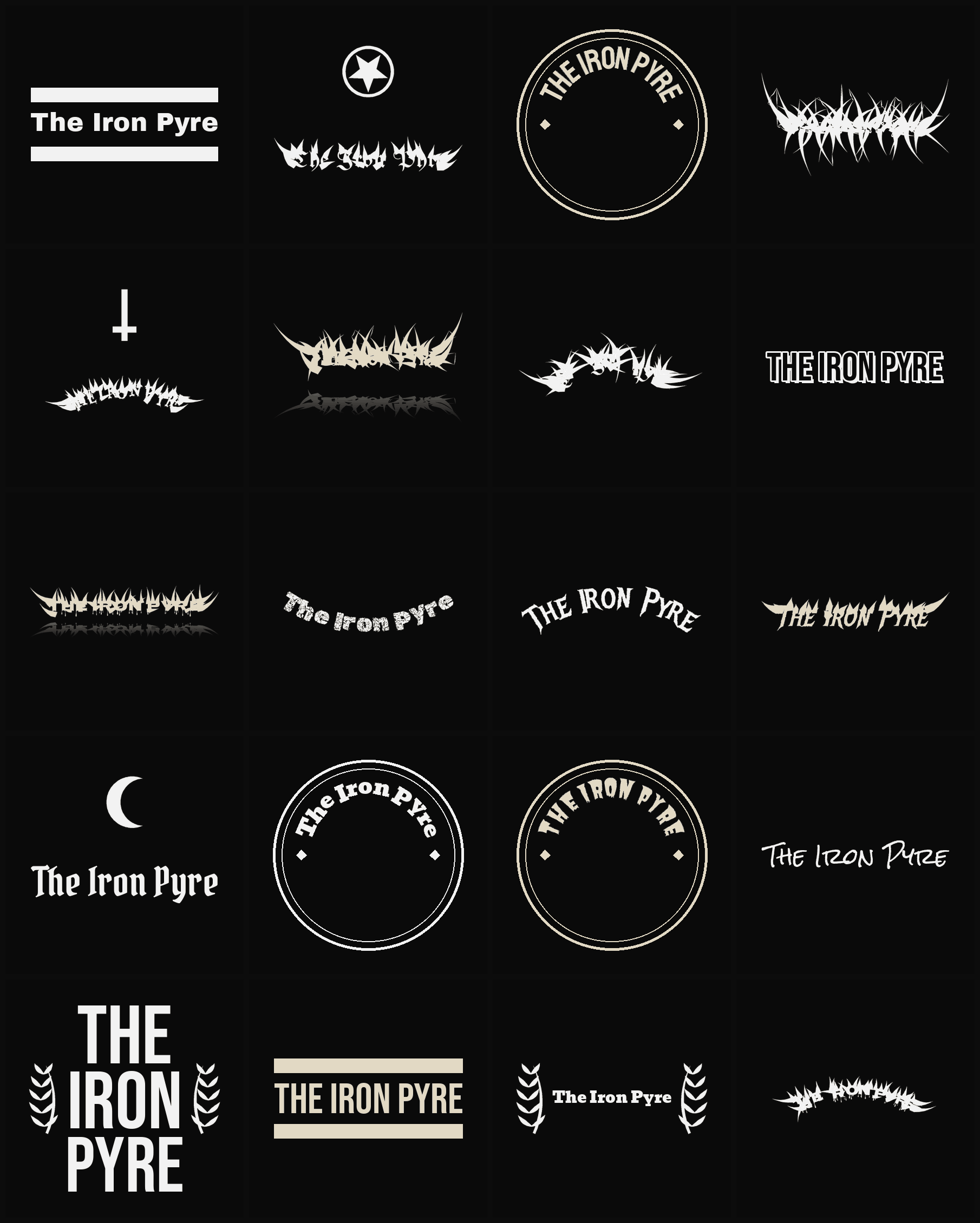 Twenty The Iron Pyre band logo ideas — different faces, treatments and spike settings