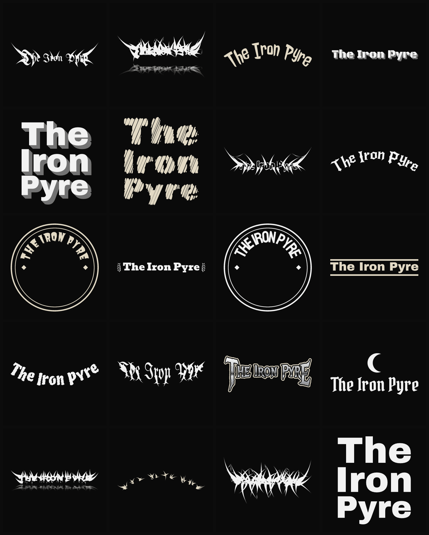 Twenty The Iron Pyre band logo ideas — different faces, treatments and spike settings