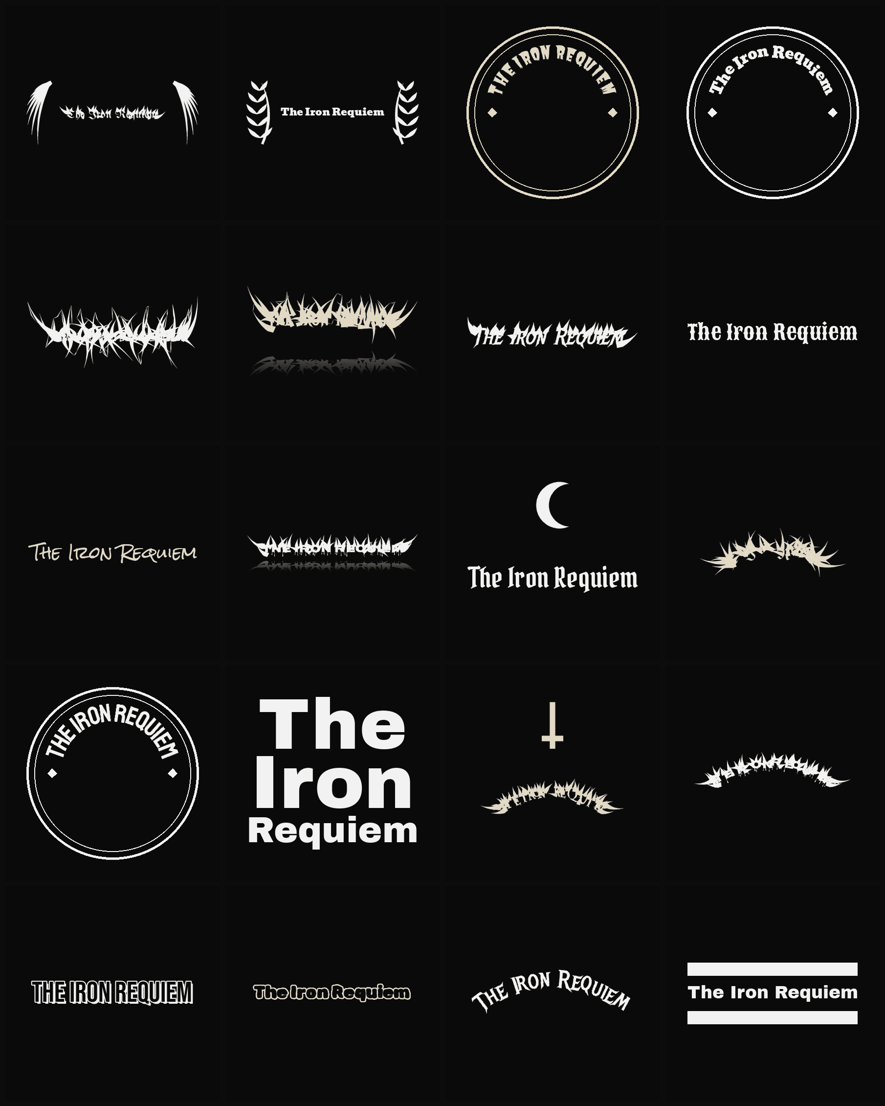 Twenty The Iron Requiem band logo ideas — different faces, treatments and spike settings