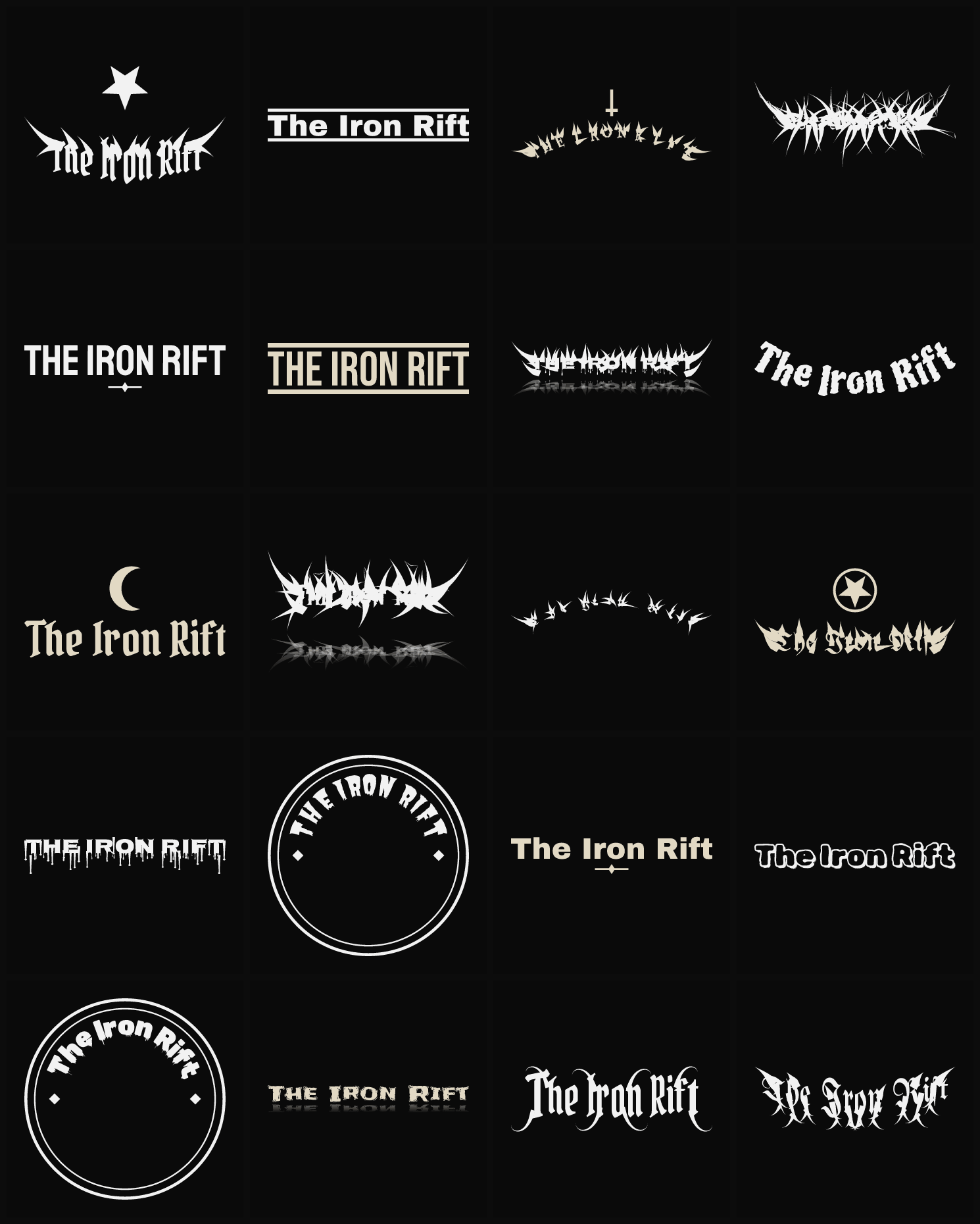 Twenty The Iron Rift band logo ideas — different faces, treatments and spike settings