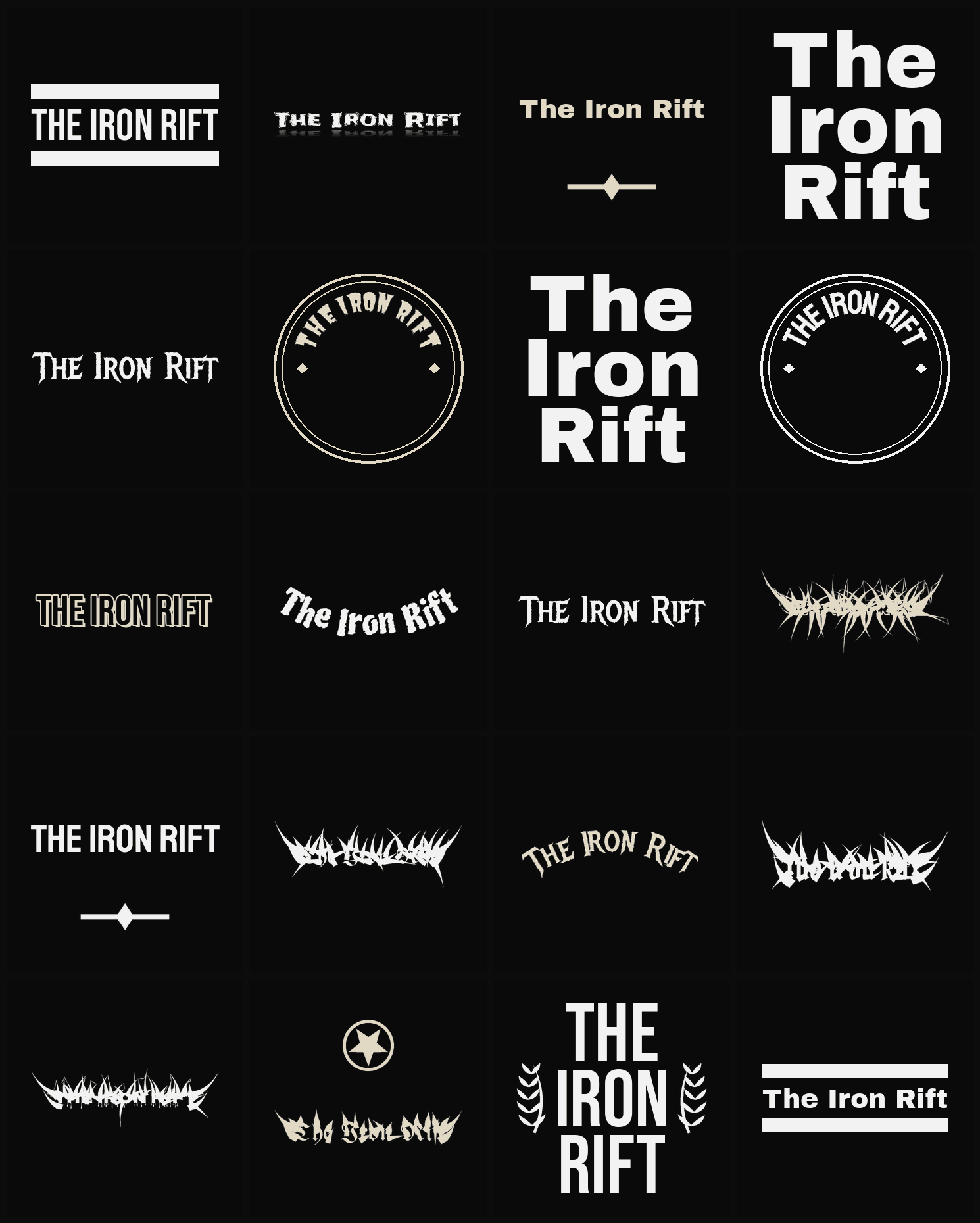 Twenty The Iron Rift band logo ideas — different faces, treatments and spike settings