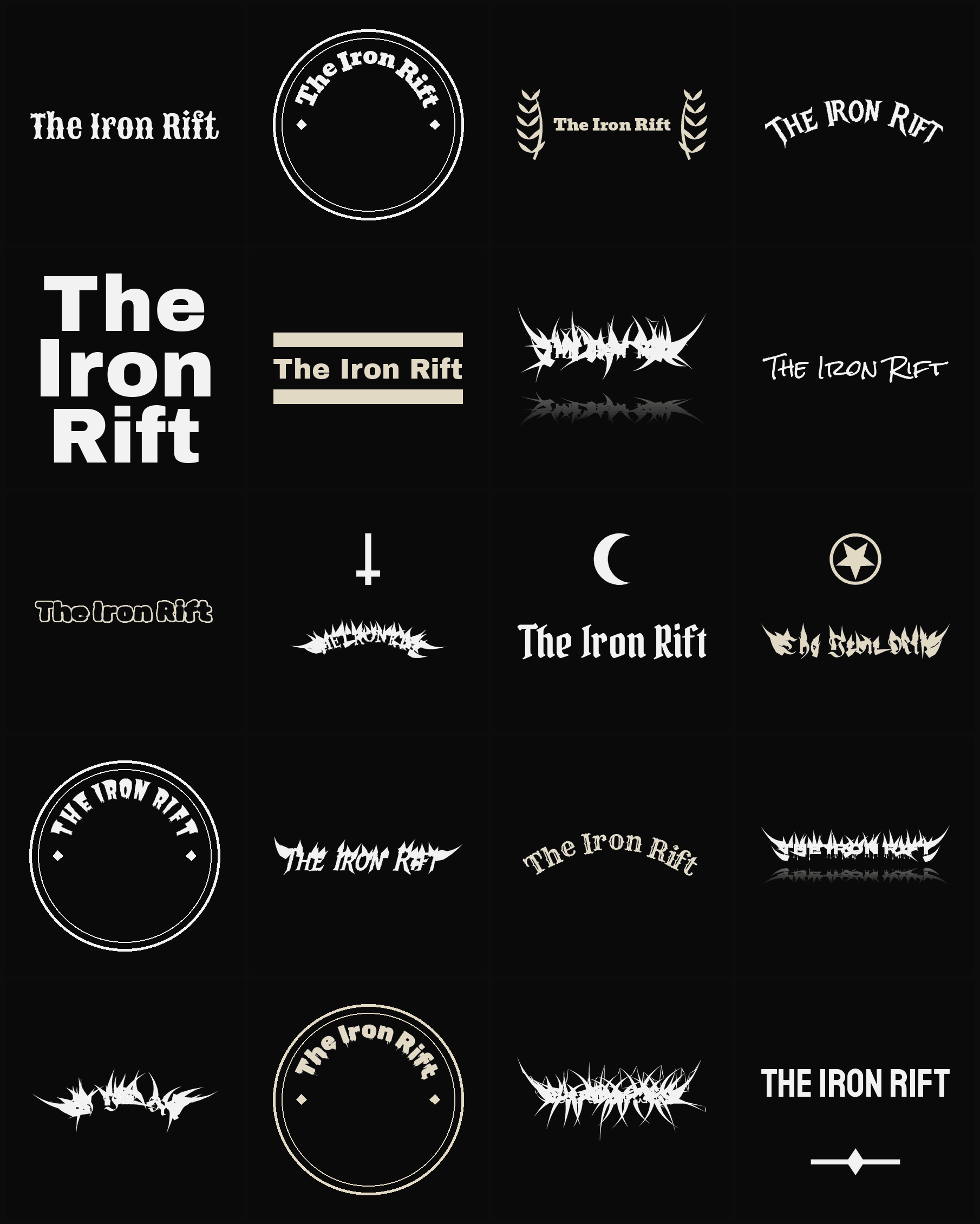 Twenty The Iron Rift band logo ideas — different faces, treatments and spike settings