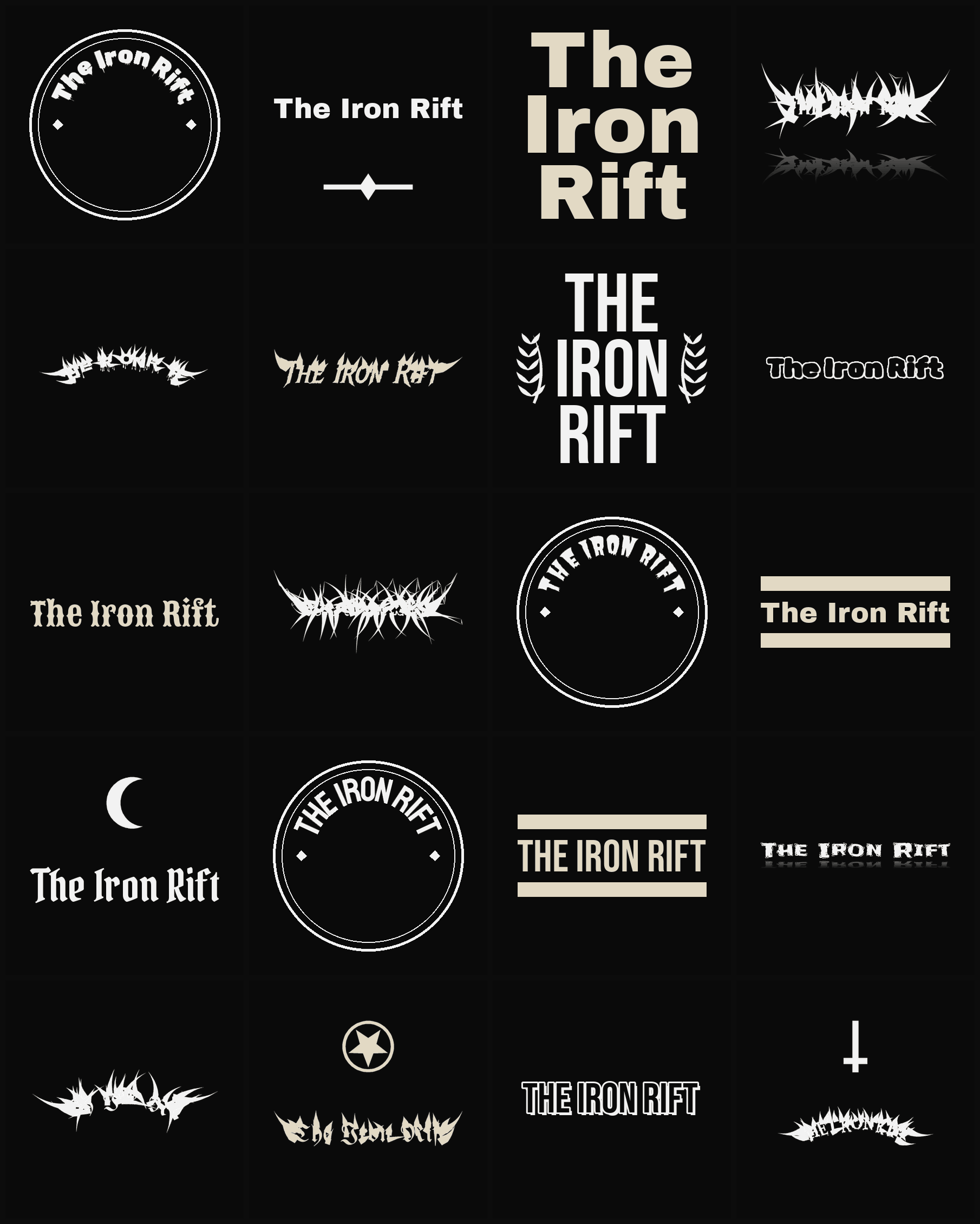 Twenty The Iron Rift band logo ideas — different faces, treatments and spike settings