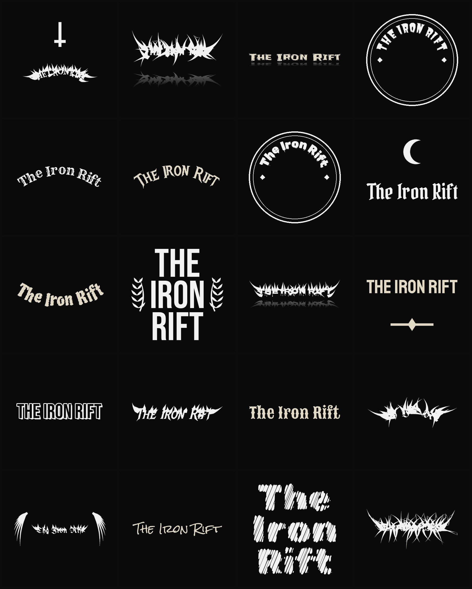 Twenty The Iron Rift band logo ideas — different faces, treatments and spike settings