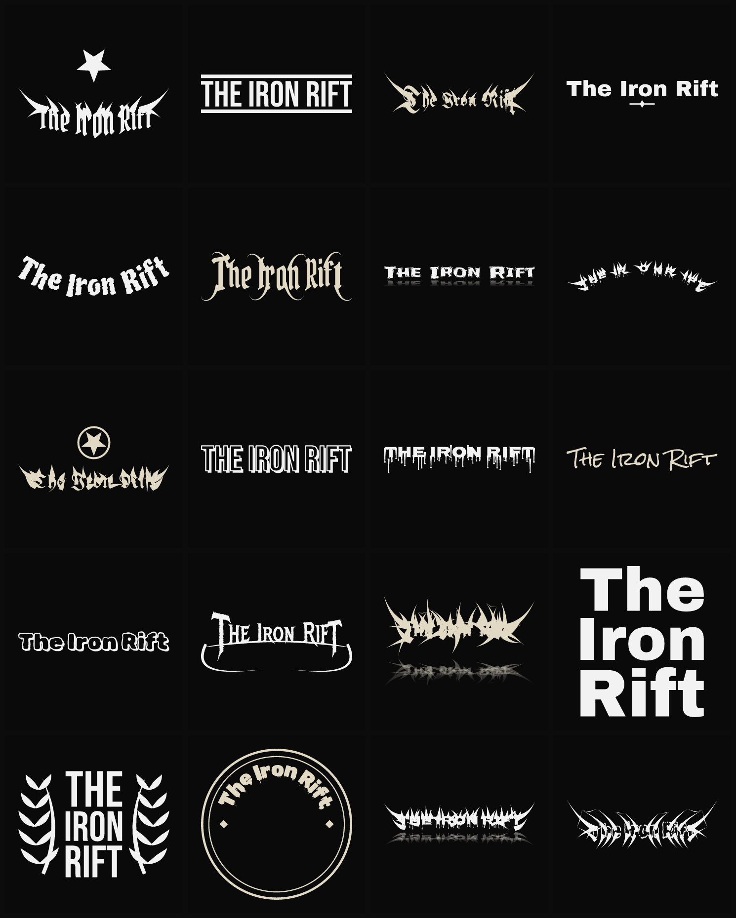 Twenty The Iron Rift band logo ideas — different faces, treatments and spike settings