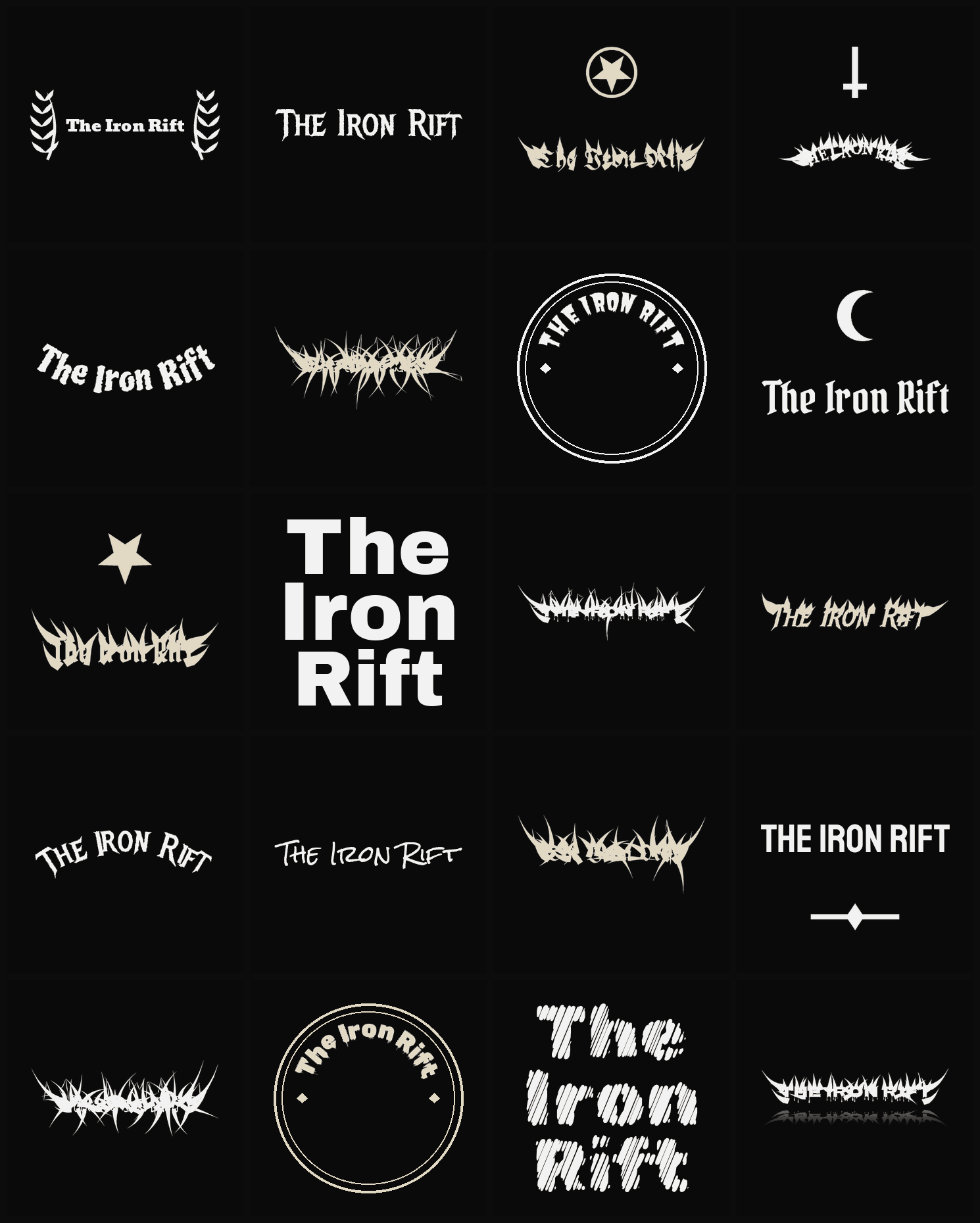 Twenty The Iron Rift band logo ideas — different faces, treatments and spike settings