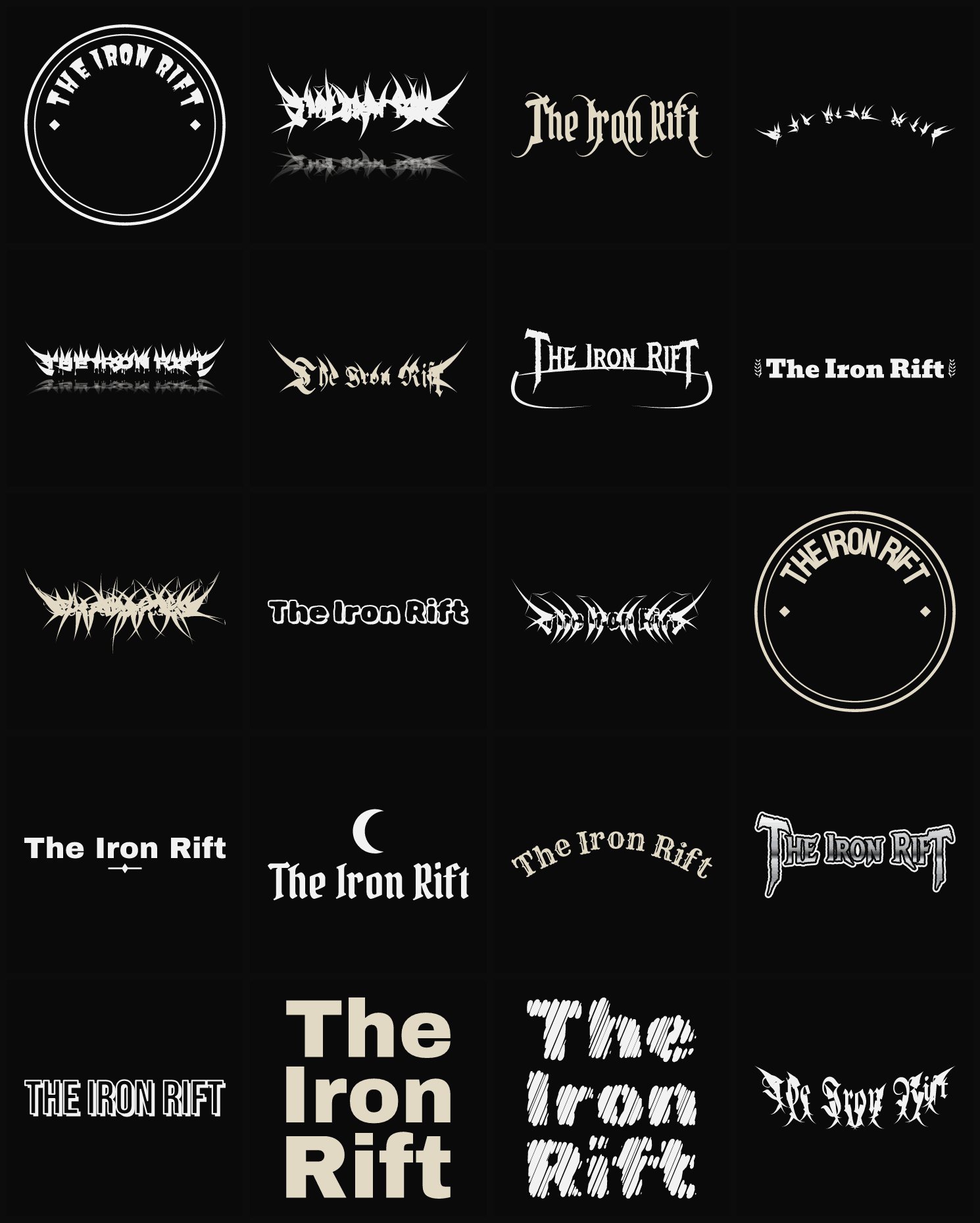 Twenty The Iron Rift band logo ideas — different faces, treatments and spike settings