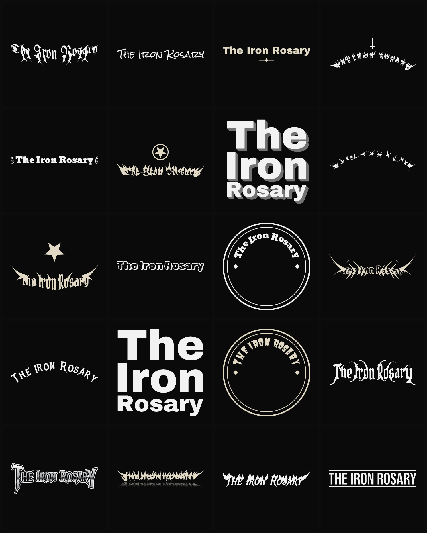 Twenty The Iron Rosary band logo ideas — different faces, treatments and spike settings