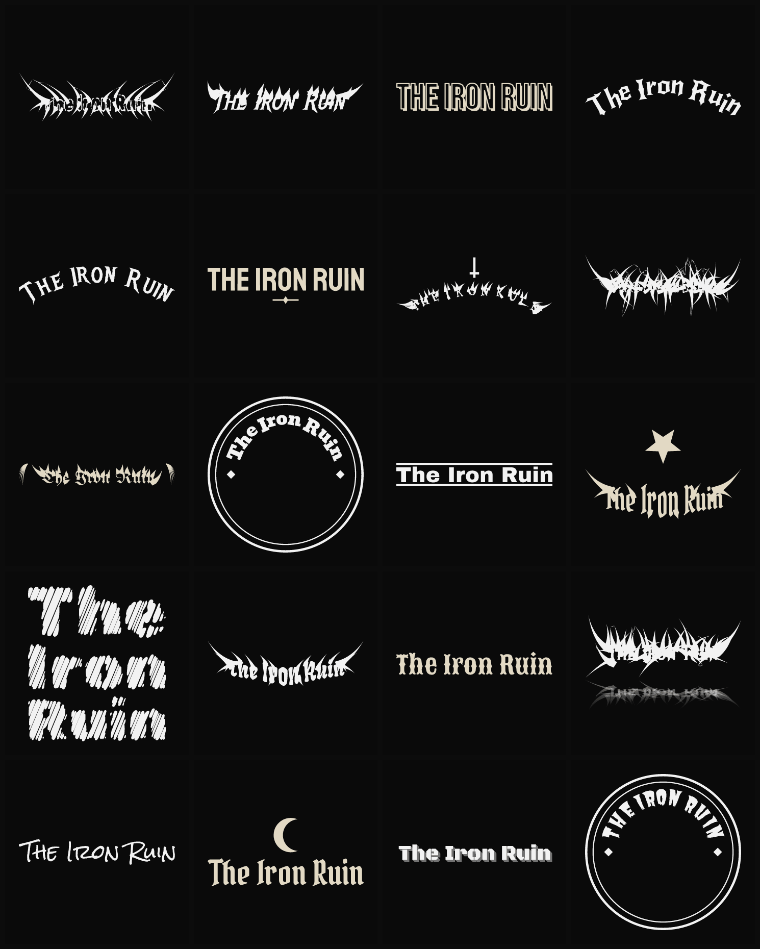 Twenty The Iron Ruin band logo ideas — different faces, treatments and spike settings