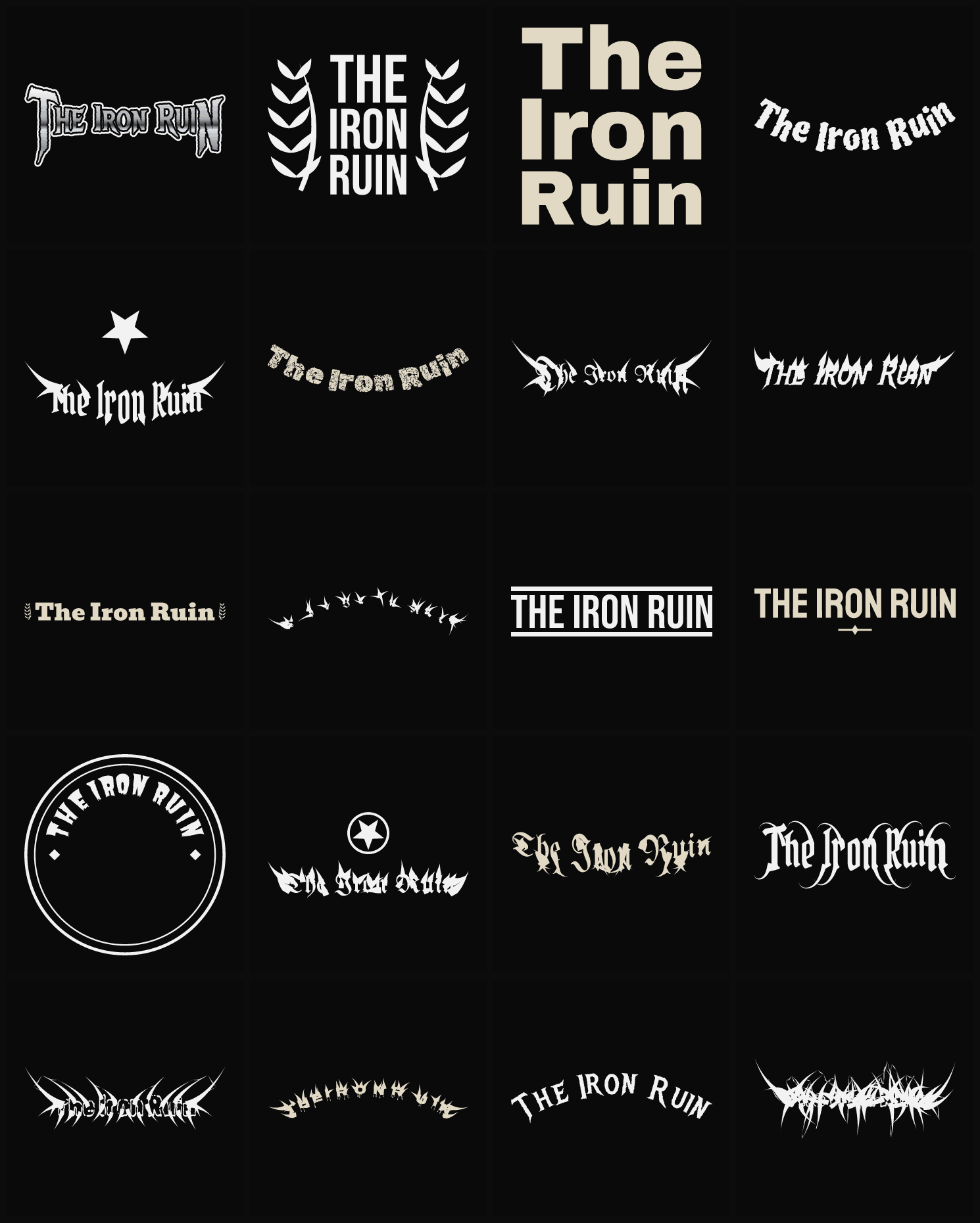 Twenty The Iron Ruin band logo ideas — different faces, treatments and spike settings