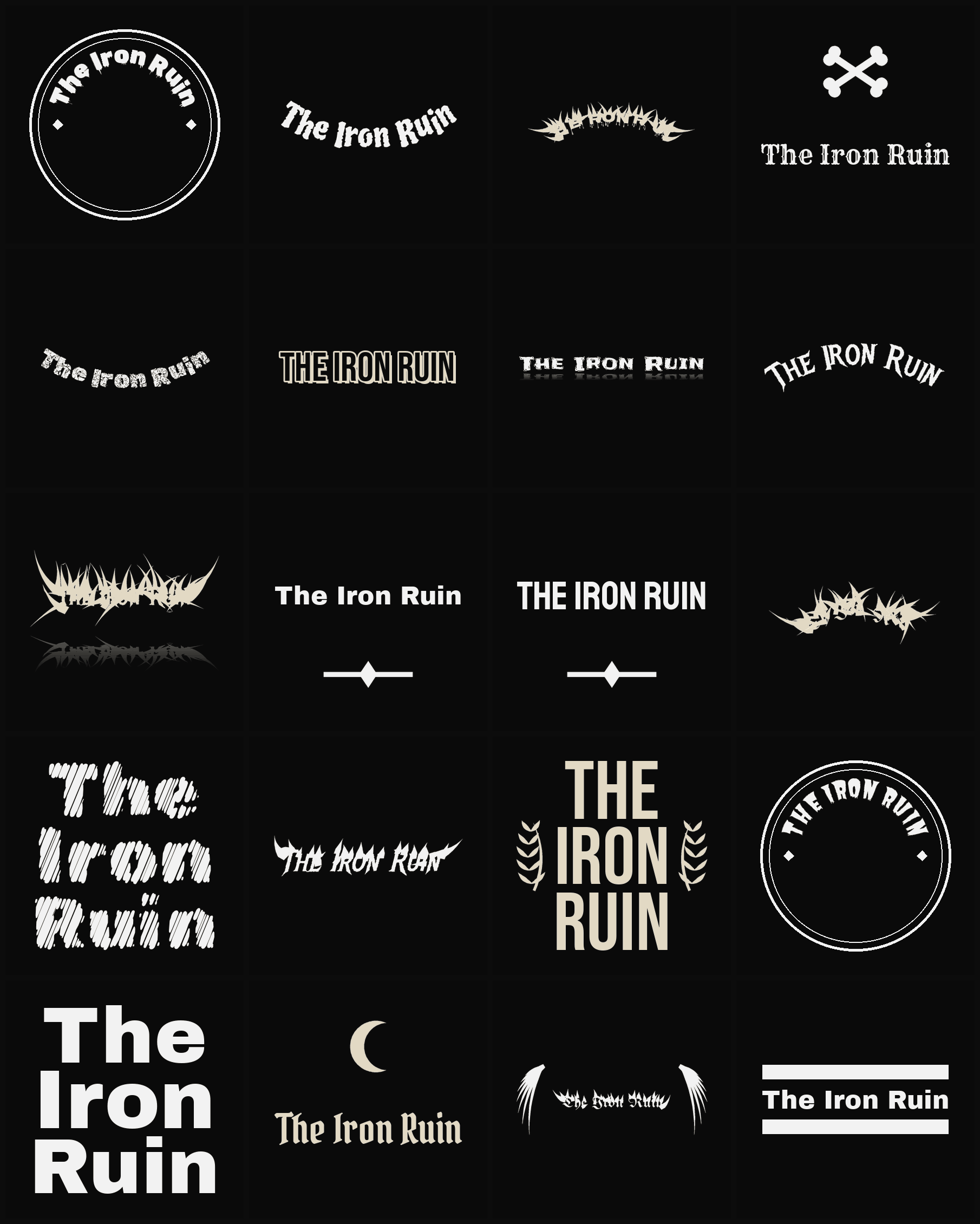 Twenty The Iron Ruin band logo ideas — different faces, treatments and spike settings