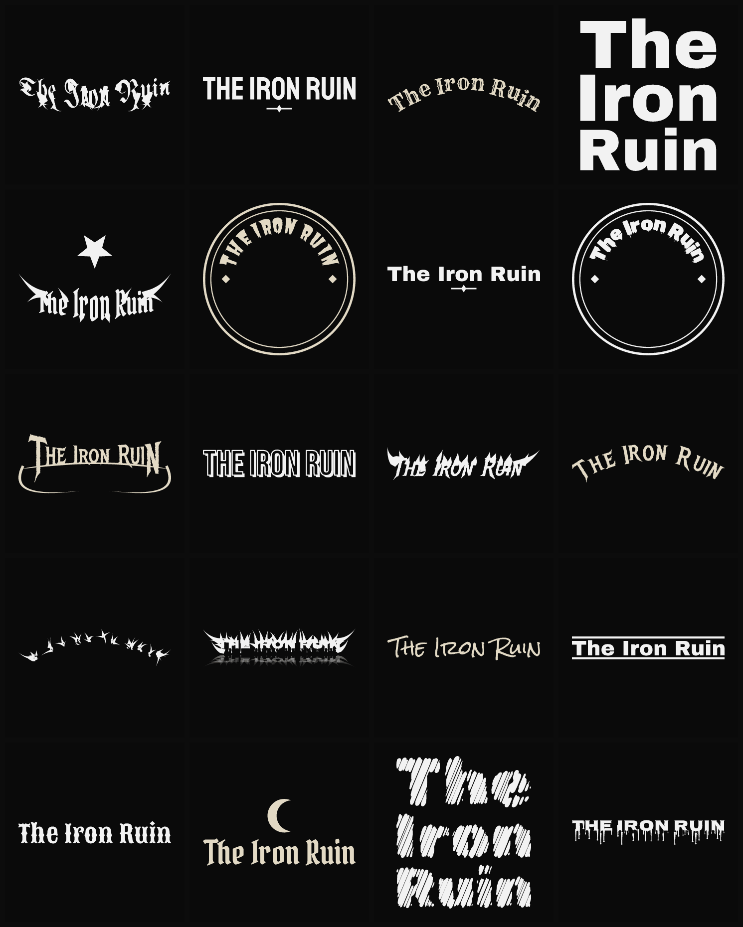 Twenty The Iron Ruin band logo ideas — different faces, treatments and spike settings