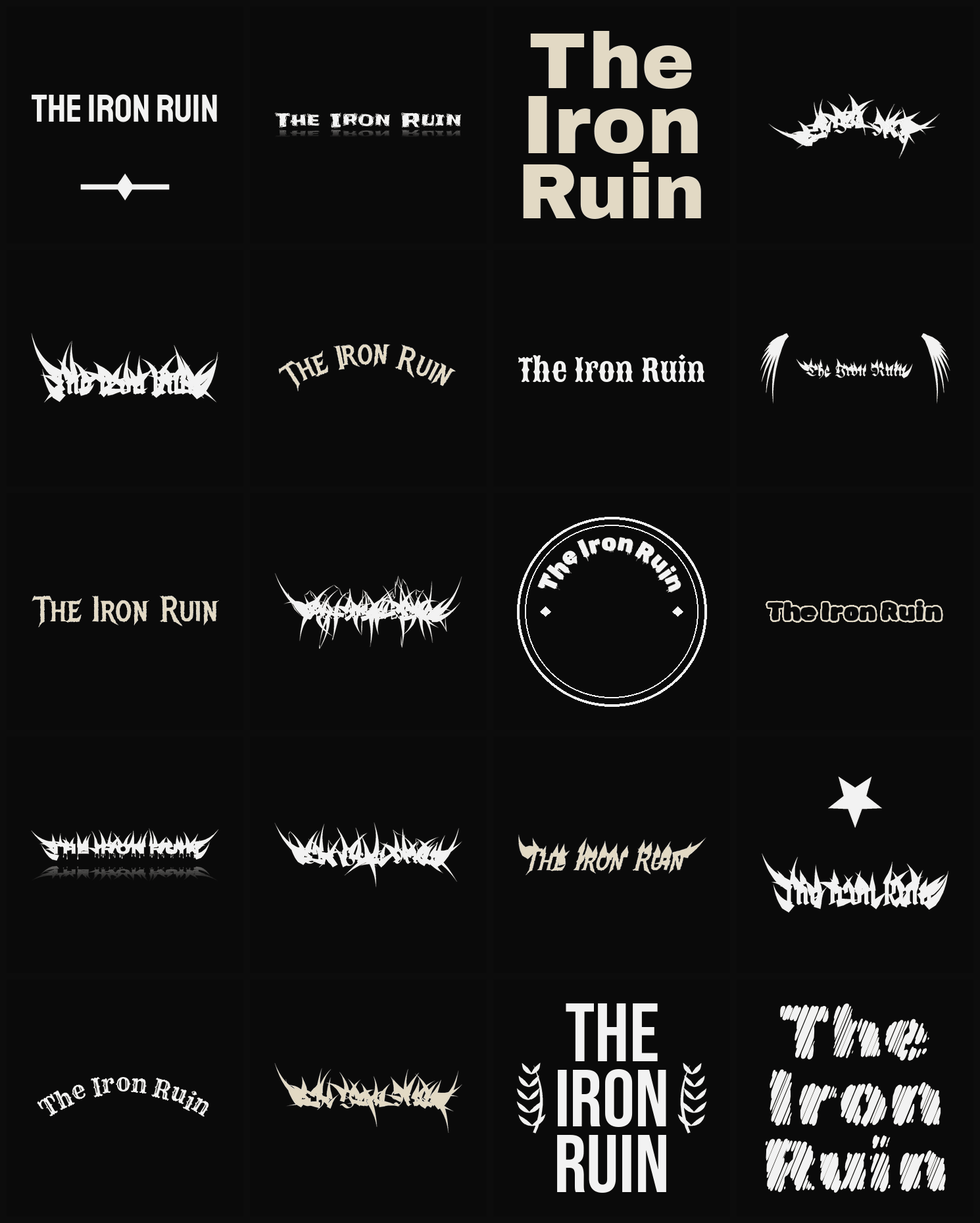 Twenty The Iron Ruin band logo ideas — different faces, treatments and spike settings