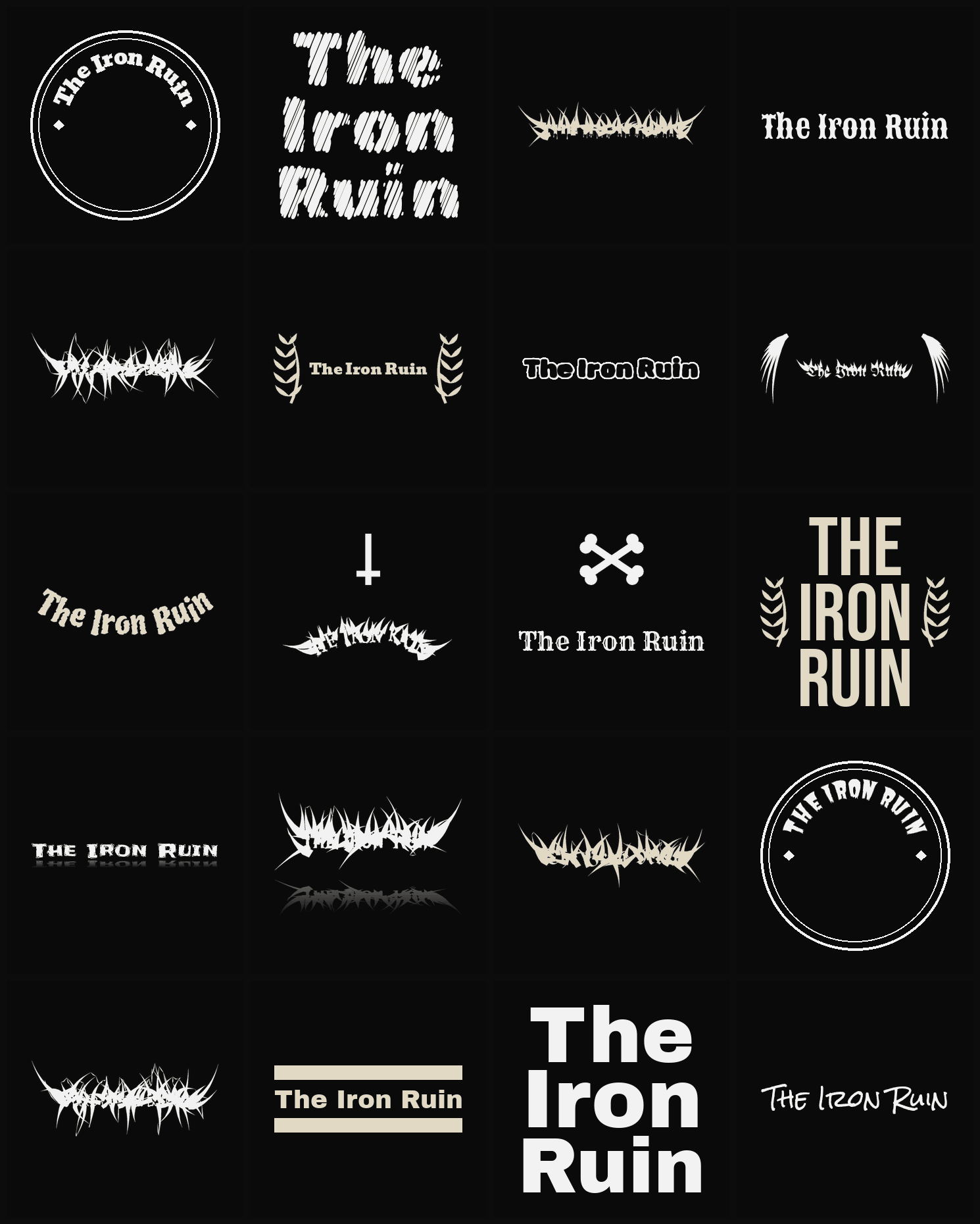 Twenty The Iron Ruin band logo ideas — different faces, treatments and spike settings