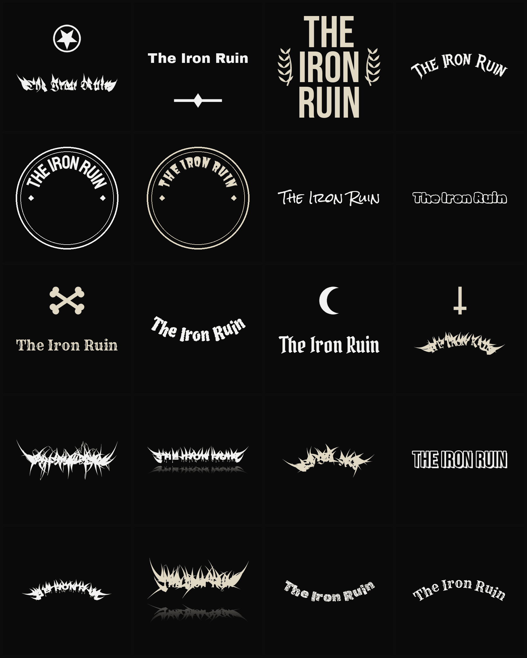 Twenty The Iron Ruin band logo ideas — different faces, treatments and spike settings
