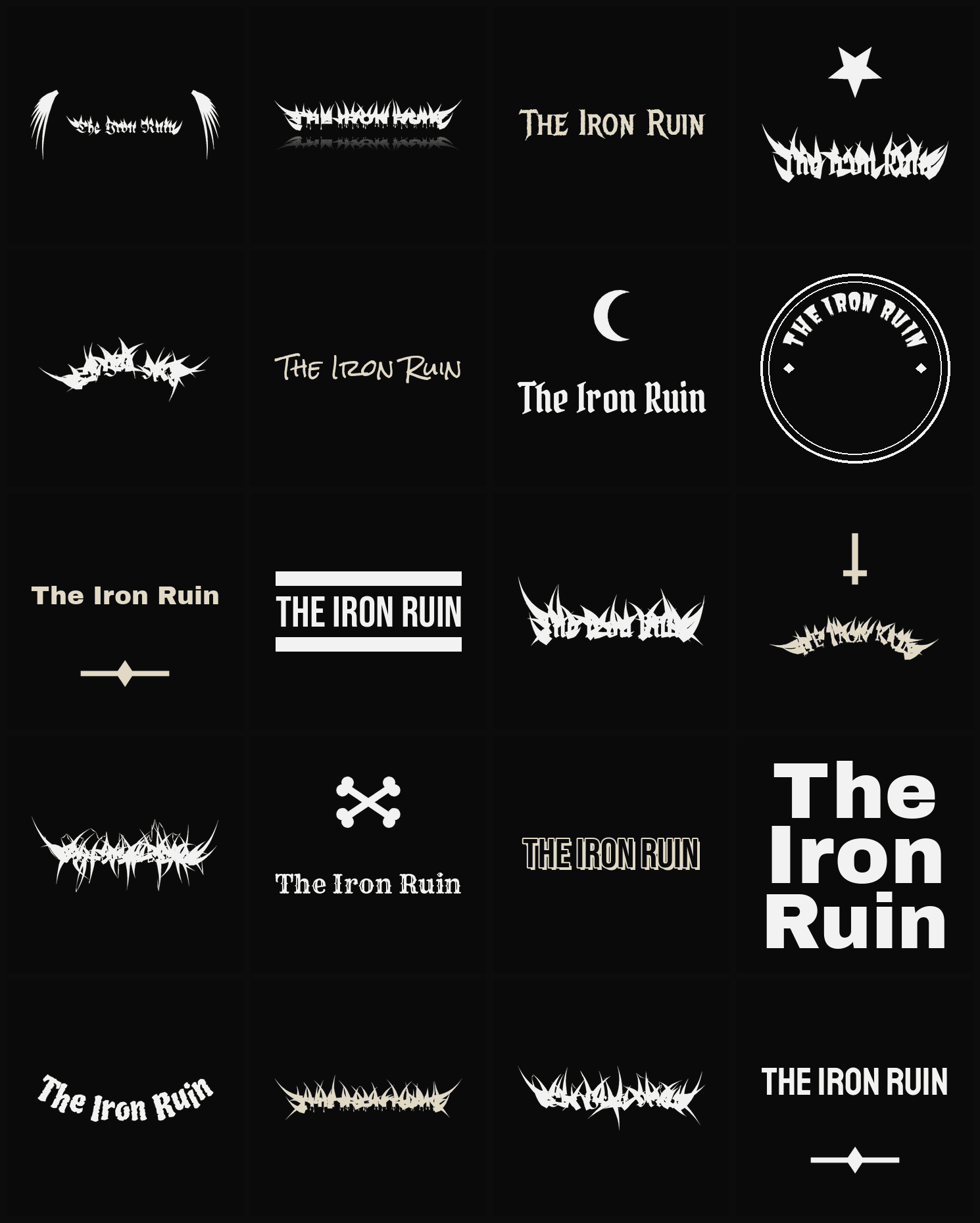 Twenty The Iron Ruin band logo ideas — different faces, treatments and spike settings