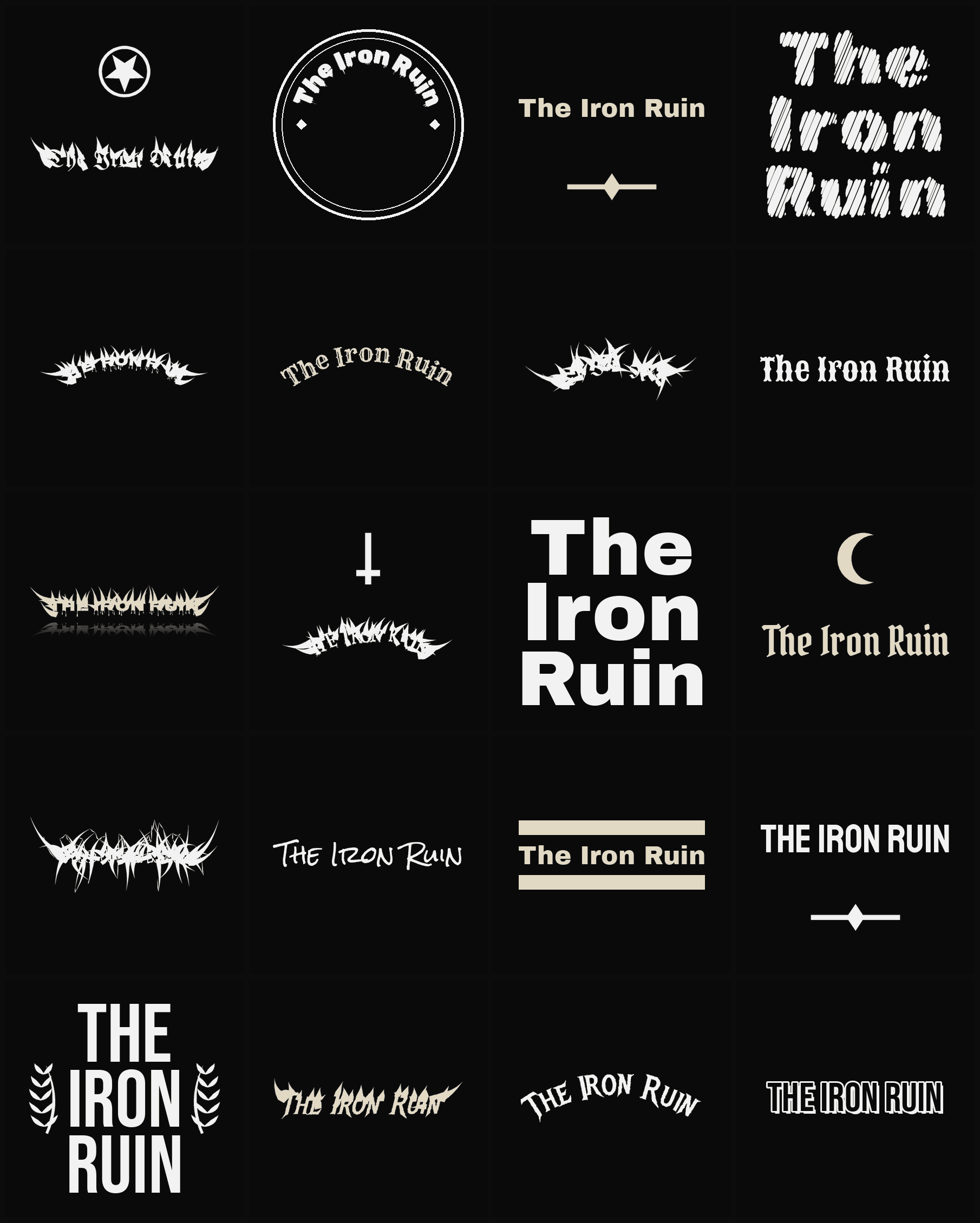 Twenty The Iron Ruin band logo ideas — different faces, treatments and spike settings