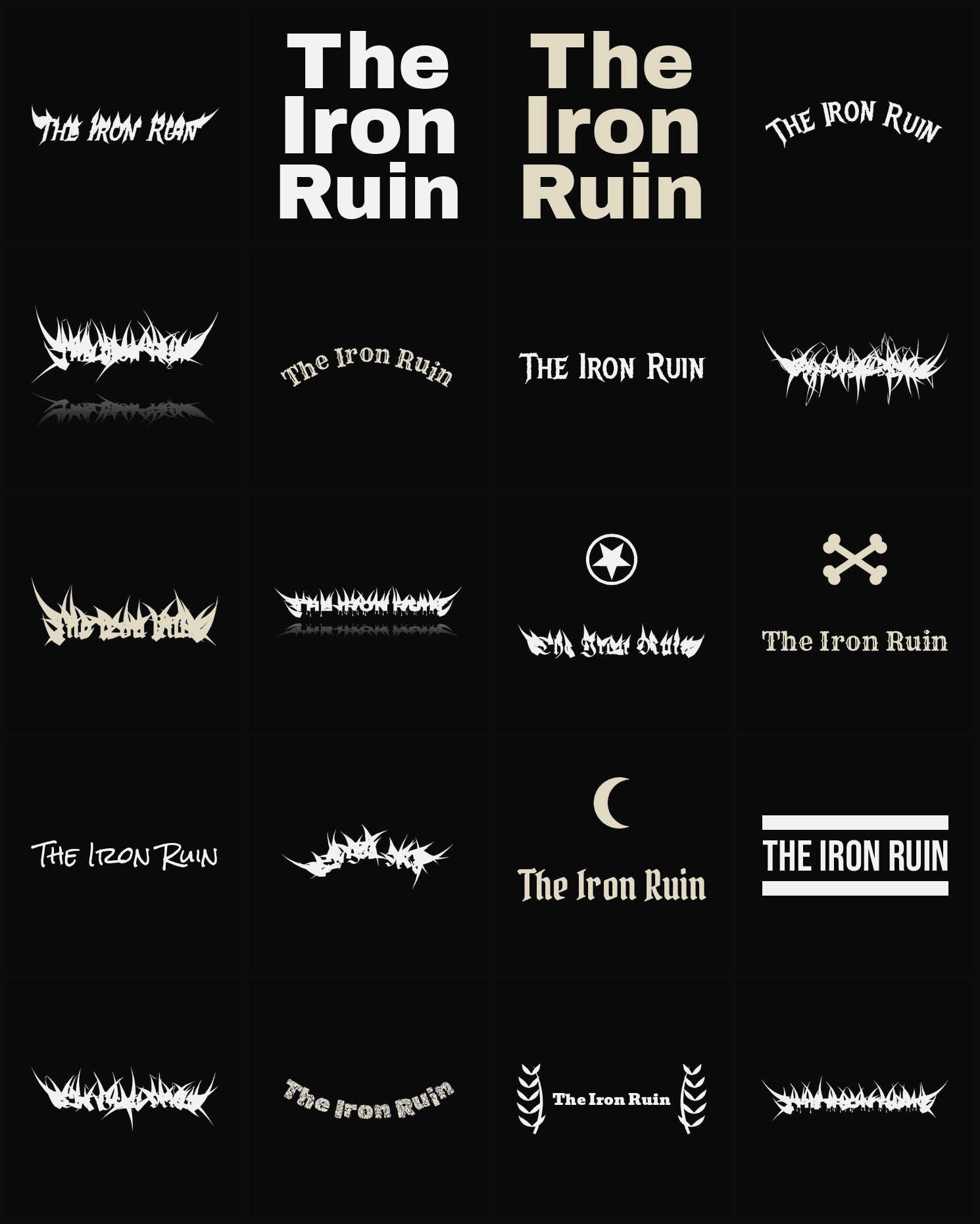 Twenty The Iron Ruin band logo ideas — different faces, treatments and spike settings