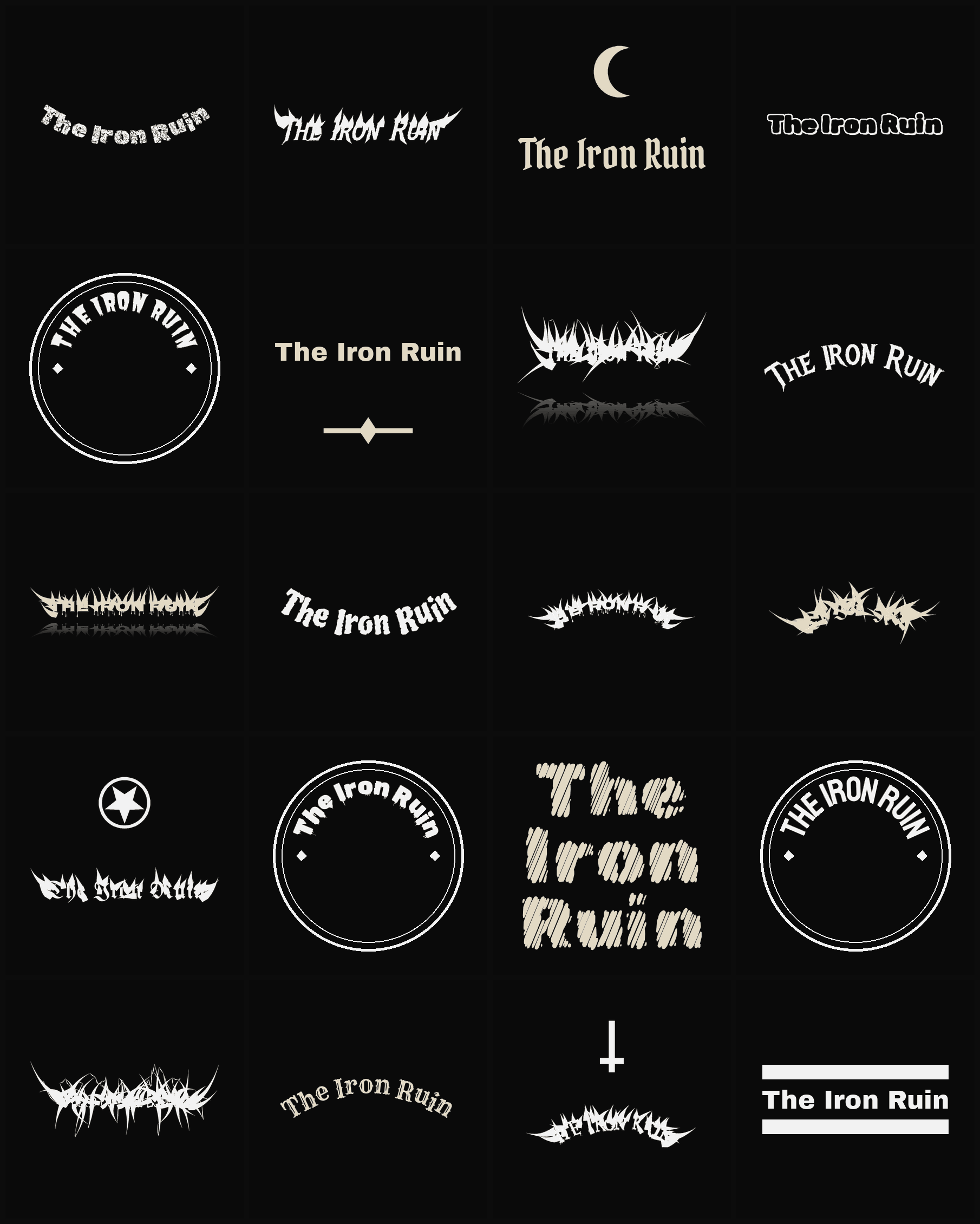 Twenty The Iron Ruin band logo ideas — different faces, treatments and spike settings