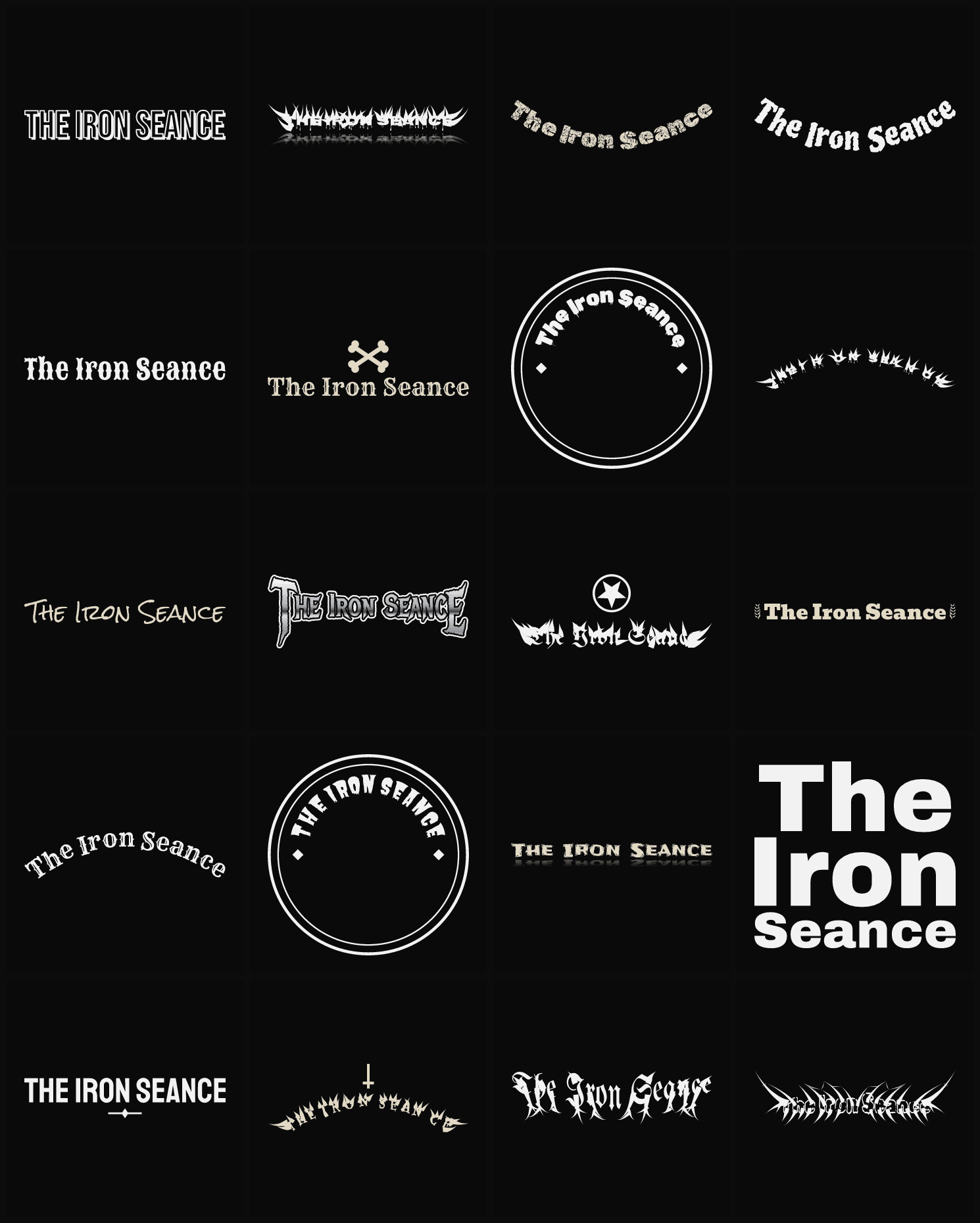 Twenty The Iron Seance band logo ideas — different faces, treatments and spike settings