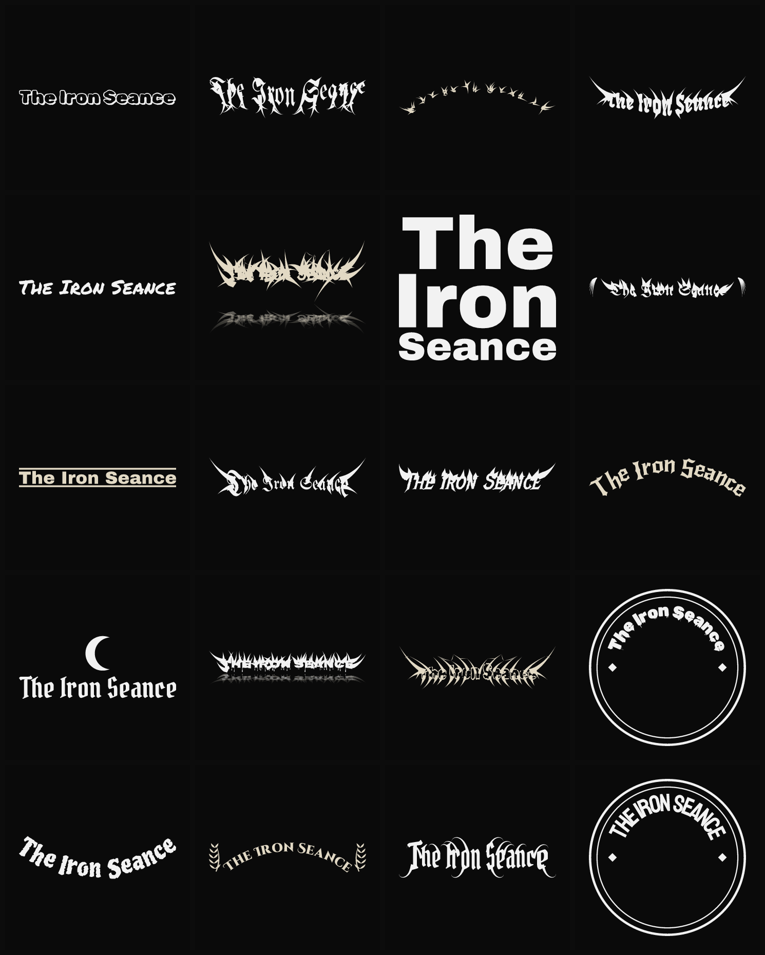 Twenty The Iron Seance band logo ideas — different faces, treatments and spike settings