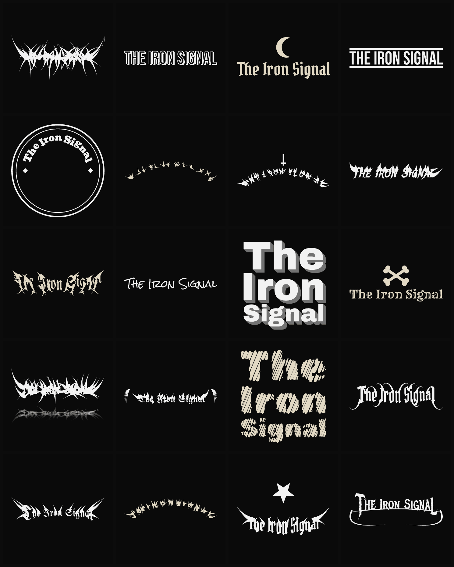 Twenty The Iron Signal band logo ideas — different faces, treatments and spike settings