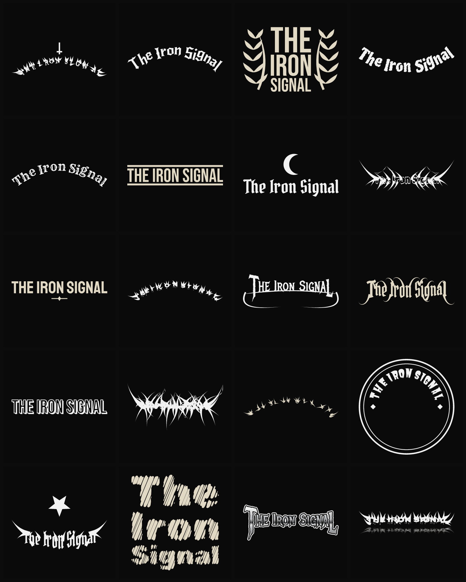 Twenty The Iron Signal band logo ideas — different faces, treatments and spike settings