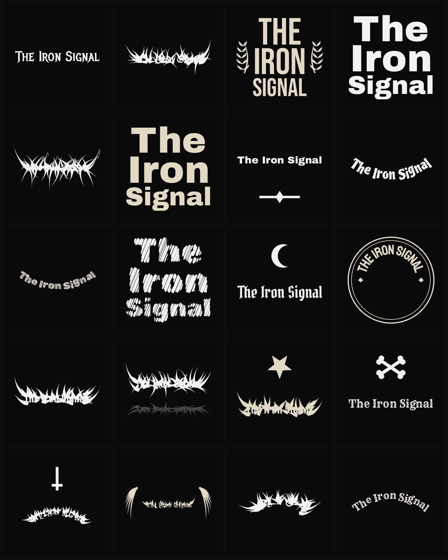 Twenty The Iron Signal band logo ideas — different faces, treatments and spike settings