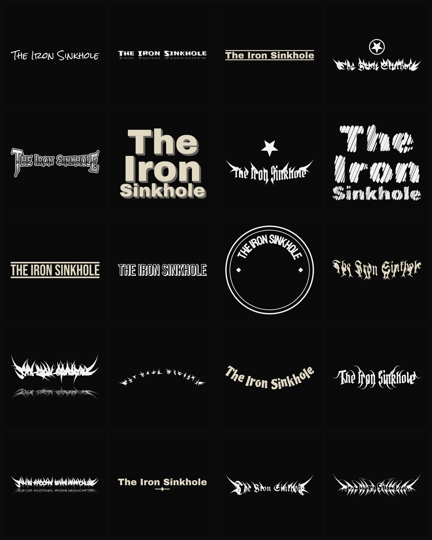 Twenty The Iron Sinkhole band logo ideas — different faces, treatments and spike settings