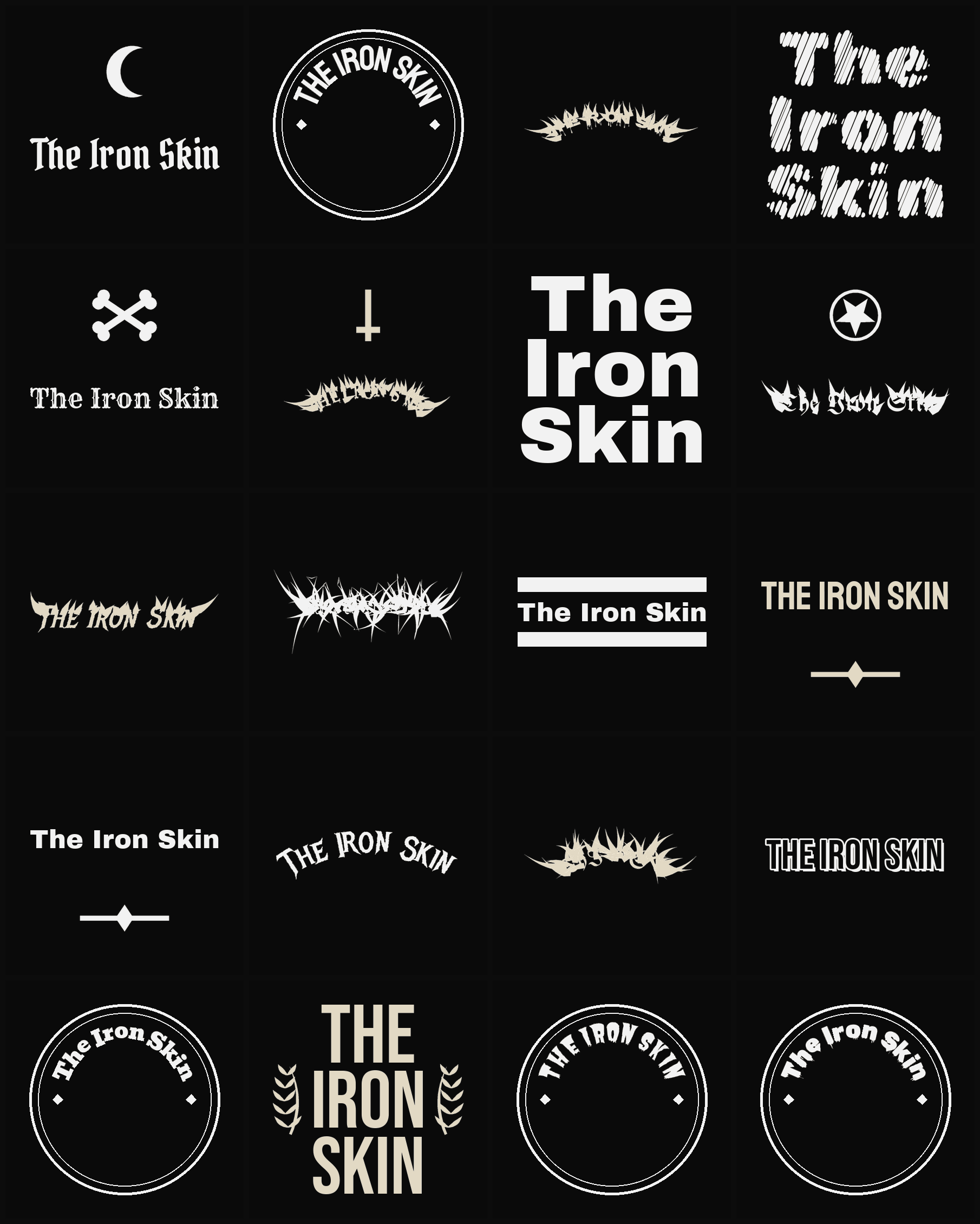 Twenty The Iron Skin band logo ideas — different faces, treatments and spike settings