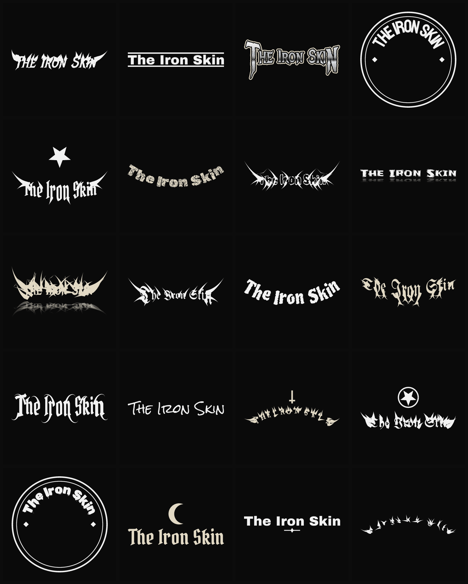 Twenty The Iron Skin band logo ideas — different faces, treatments and spike settings