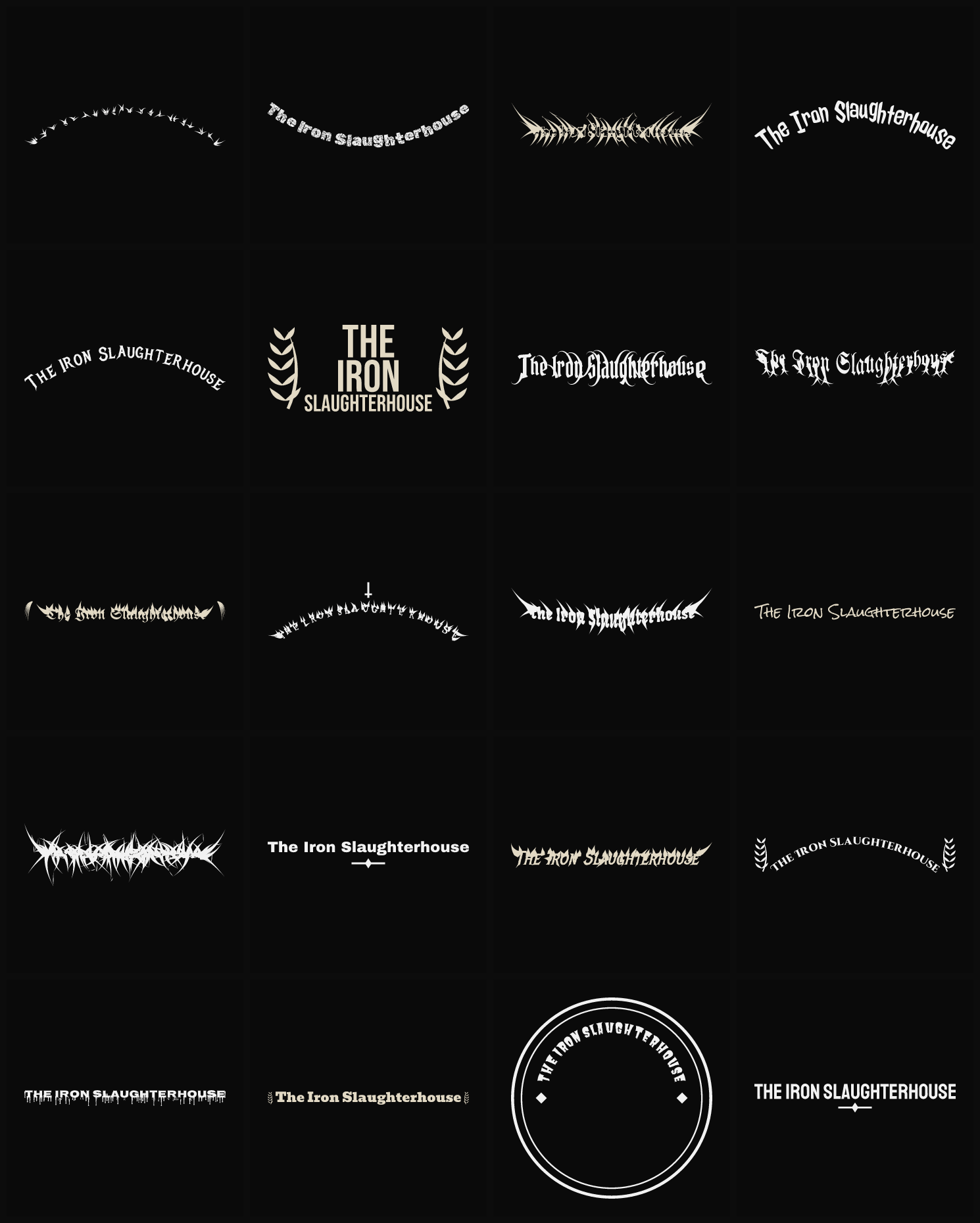 Twenty The Iron Slaughterhouse band logo ideas — different faces, treatments and spike settings