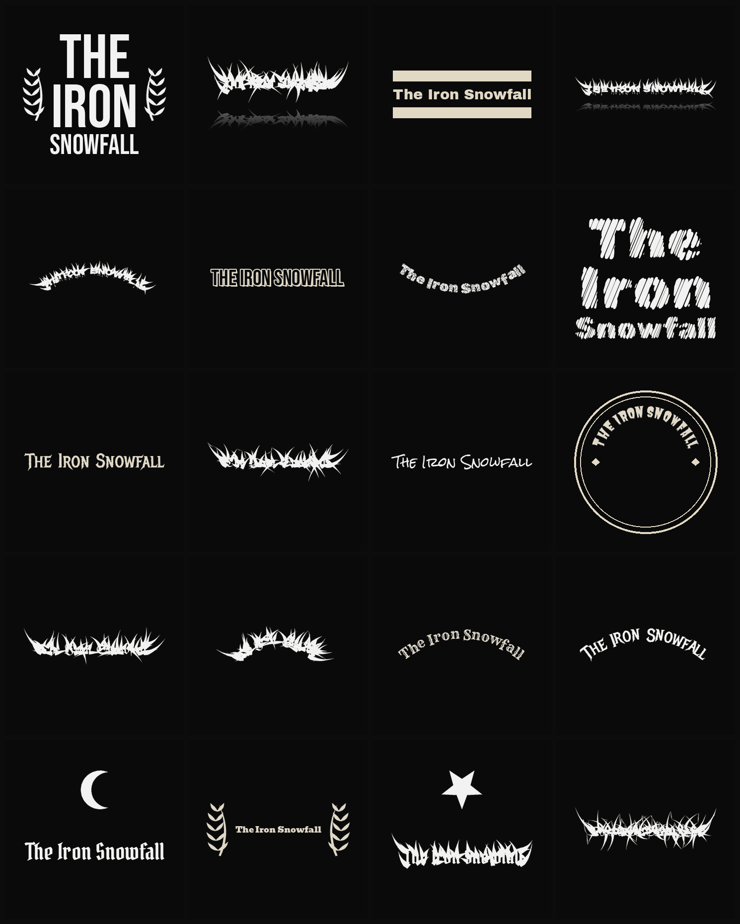 Twenty The Iron Snowfall band logo ideas — different faces, treatments and spike settings
