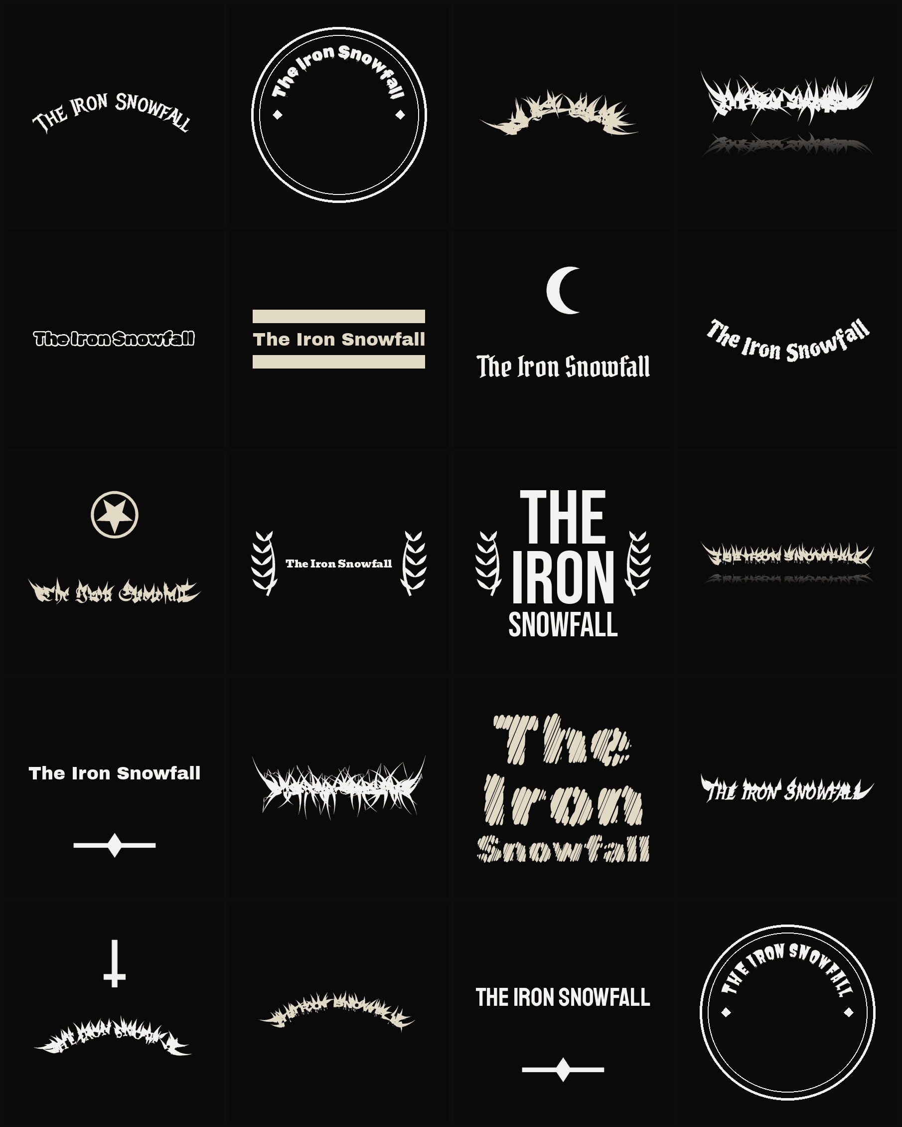 Twenty The Iron Snowfall band logo ideas — different faces, treatments and spike settings